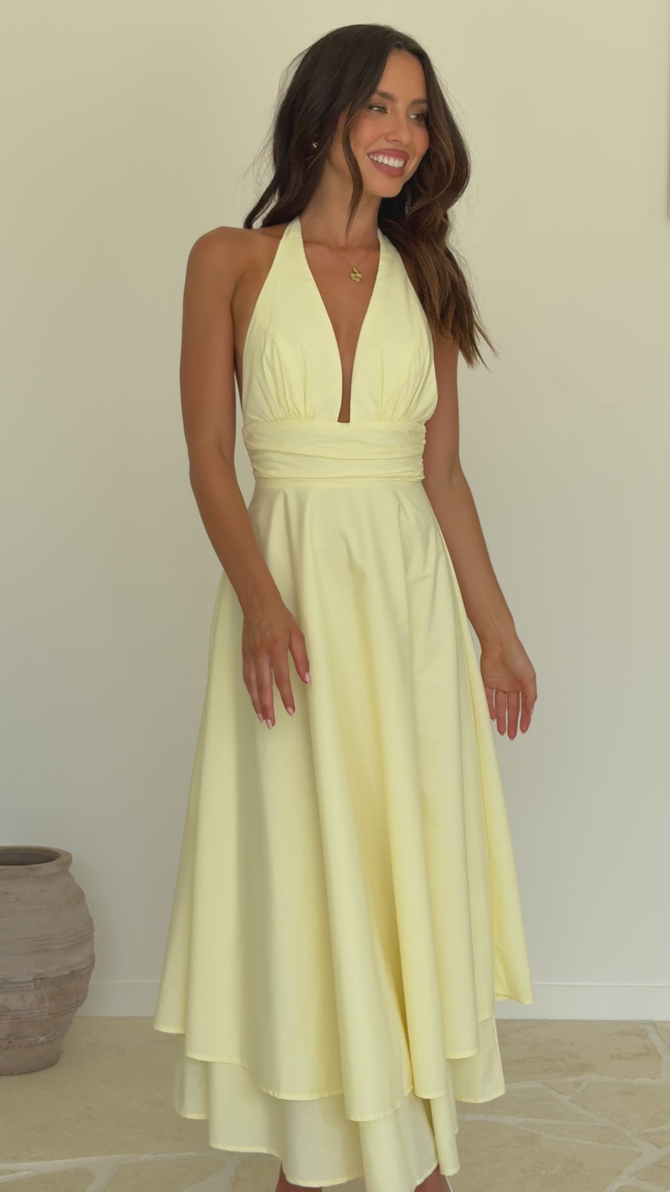 Load video: Kathy Halter Neck Maxi Dress - Lemon - Billy J