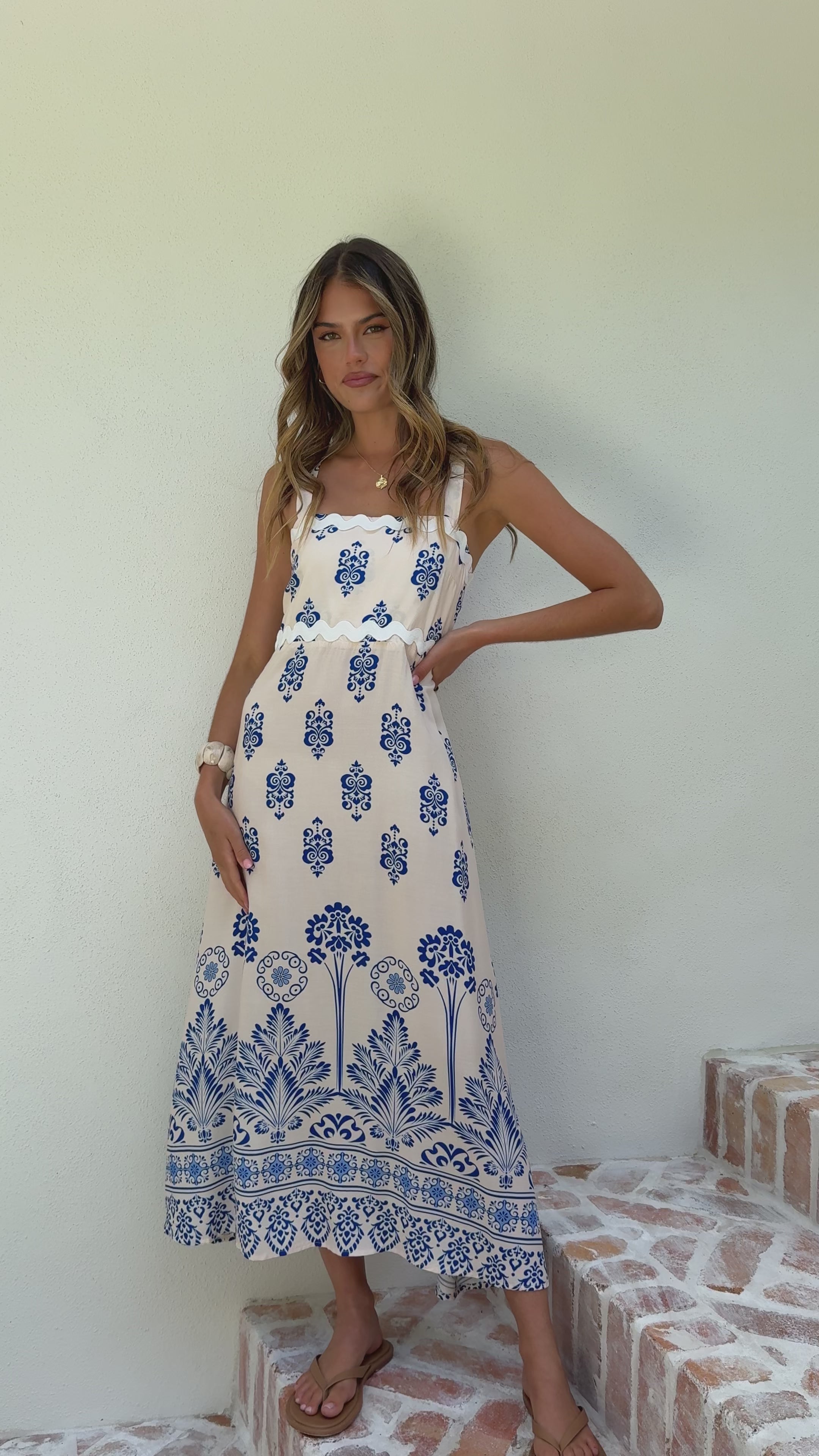 Load video: Myah Maxi Dress - Cream/Blue - Billy J