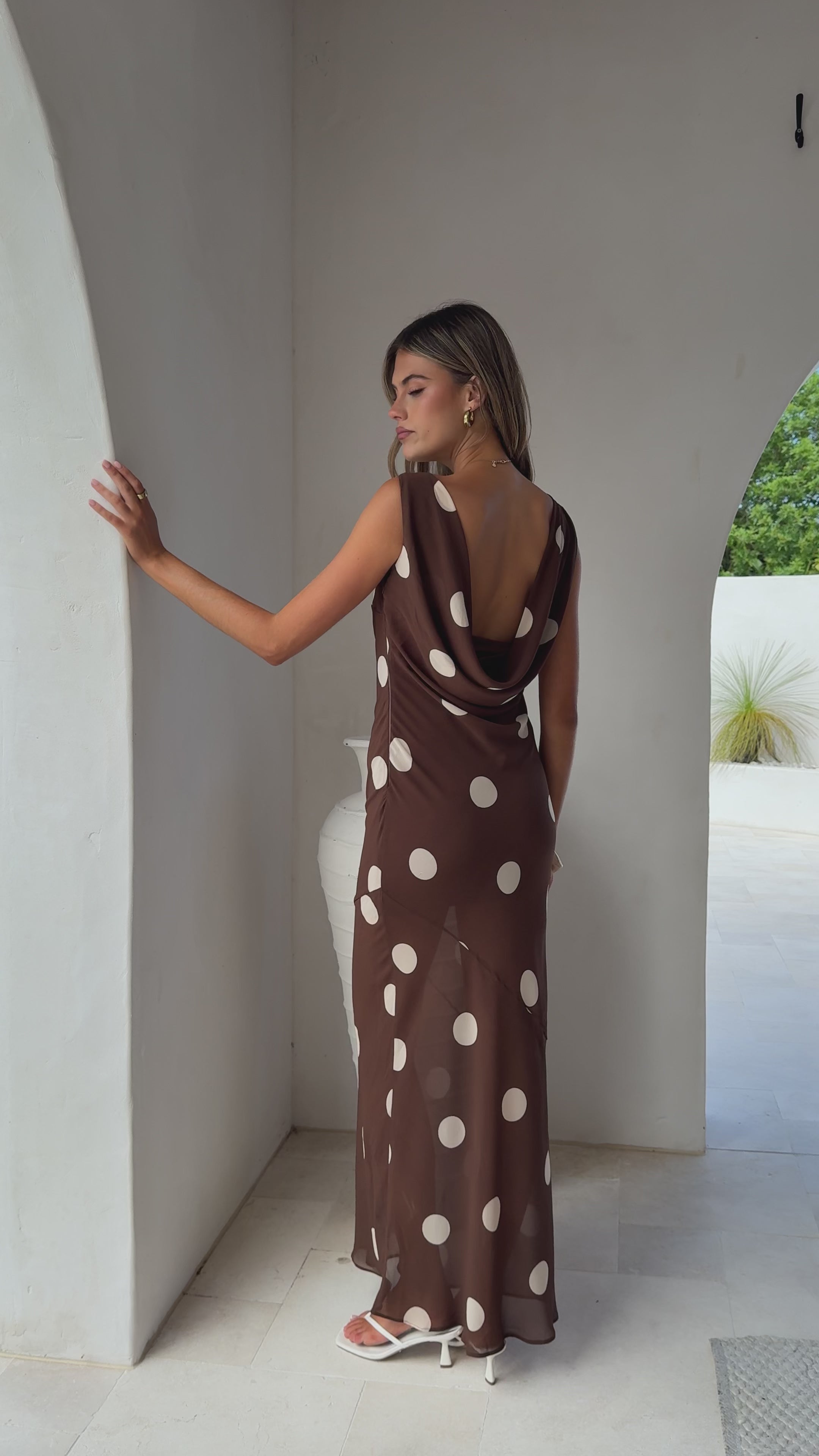 Load video: Beverly Maxi Dress - Chocolate/Cream Polka Dot - Billy J