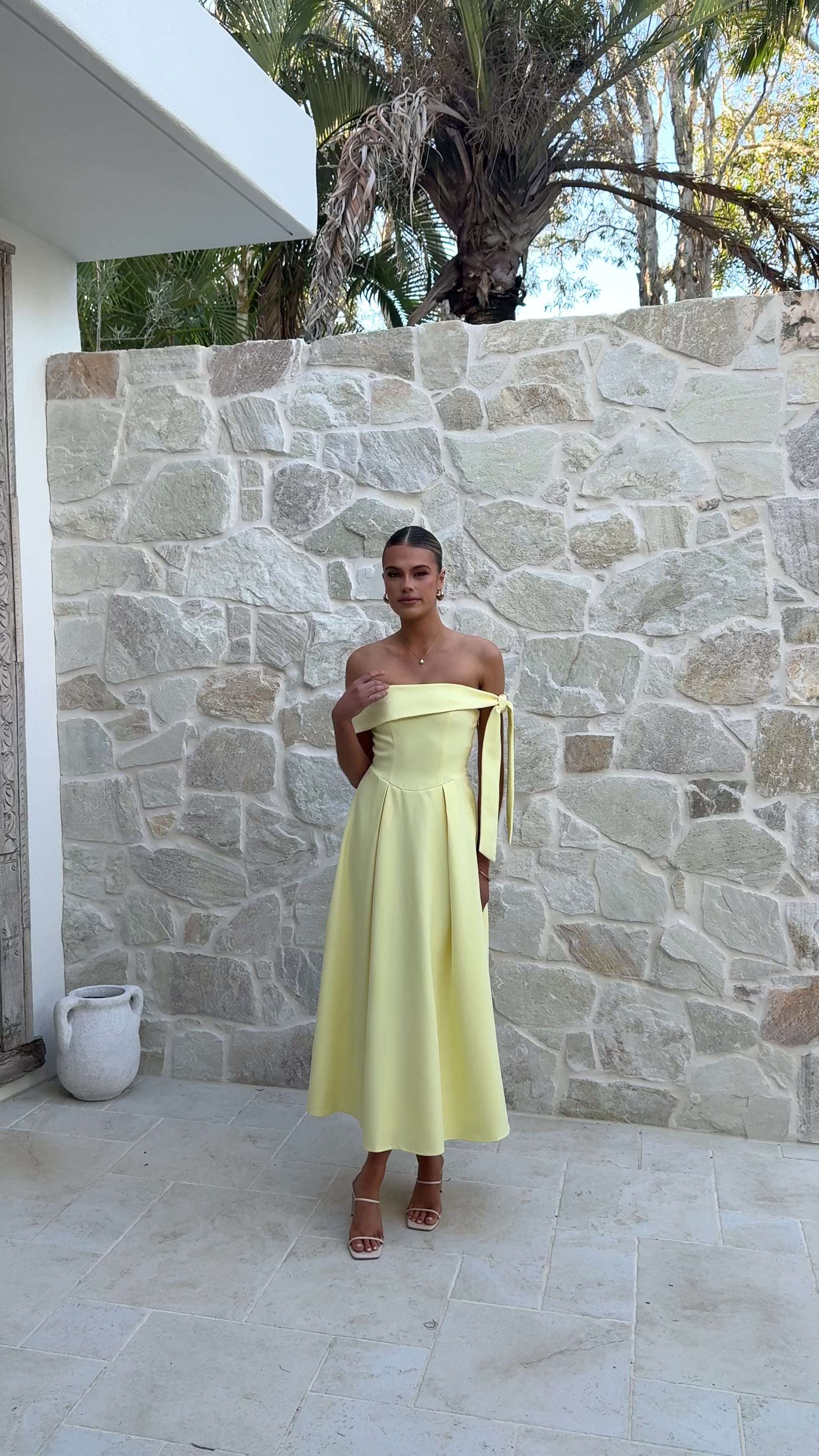 Load video: Bentley Off Shoulder Midi Dress - Lemon - Billy J