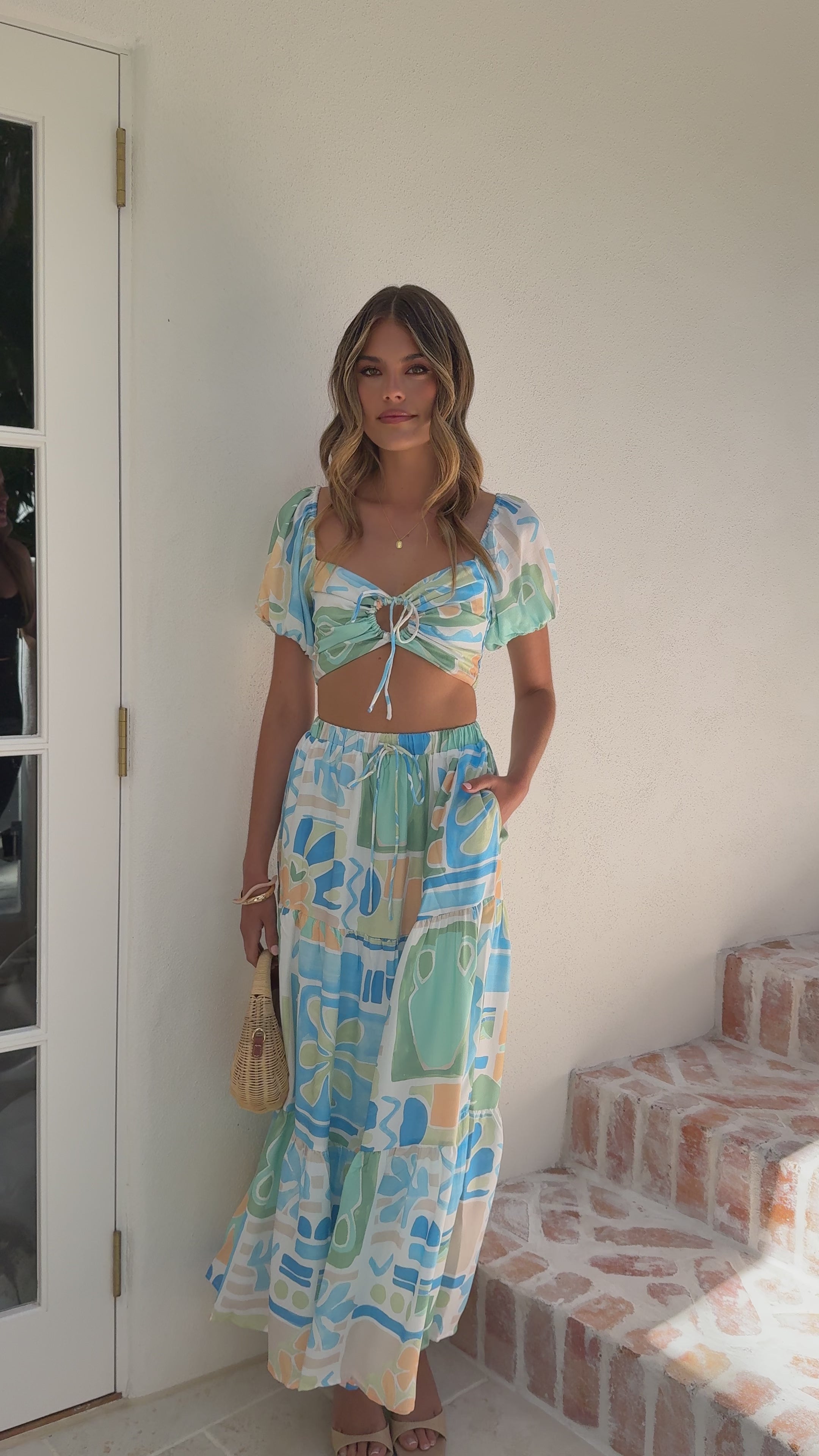 Load video: Kayla Short Sleeve Crop Top - Summer Breeze - Billy J