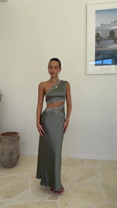 Load and play video in Gallery viewer, Emily One Shoulder Maxi Dress - Khaki - Billy J
