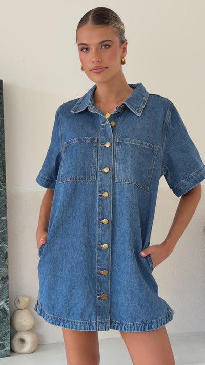 Load and play video in Gallery viewer, Rayna Denim Mini Dress - Dark Denim - Billy J
