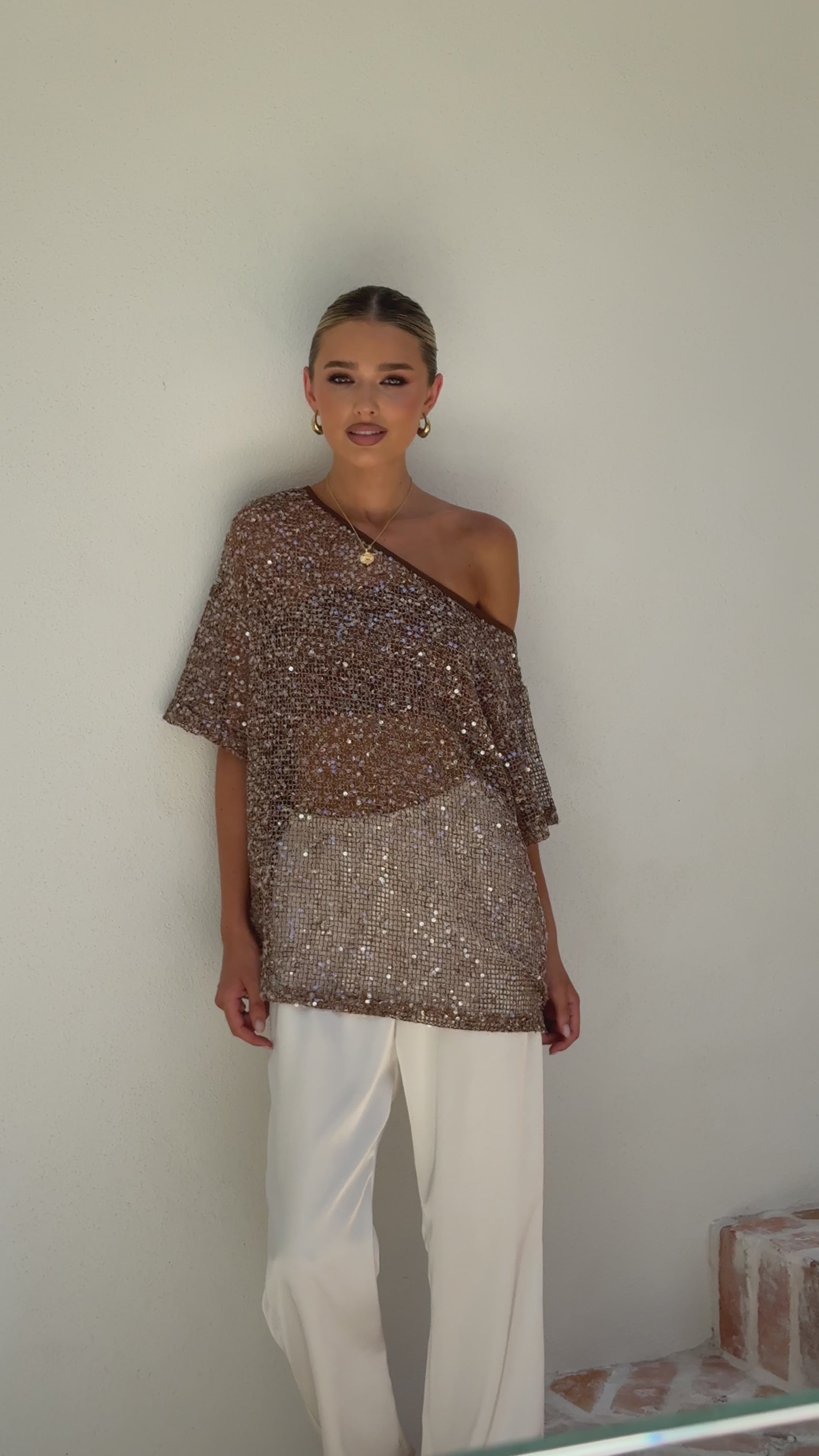 Load video: Zinnie Sequins Off Shoulder Top - Mocha - Billy J