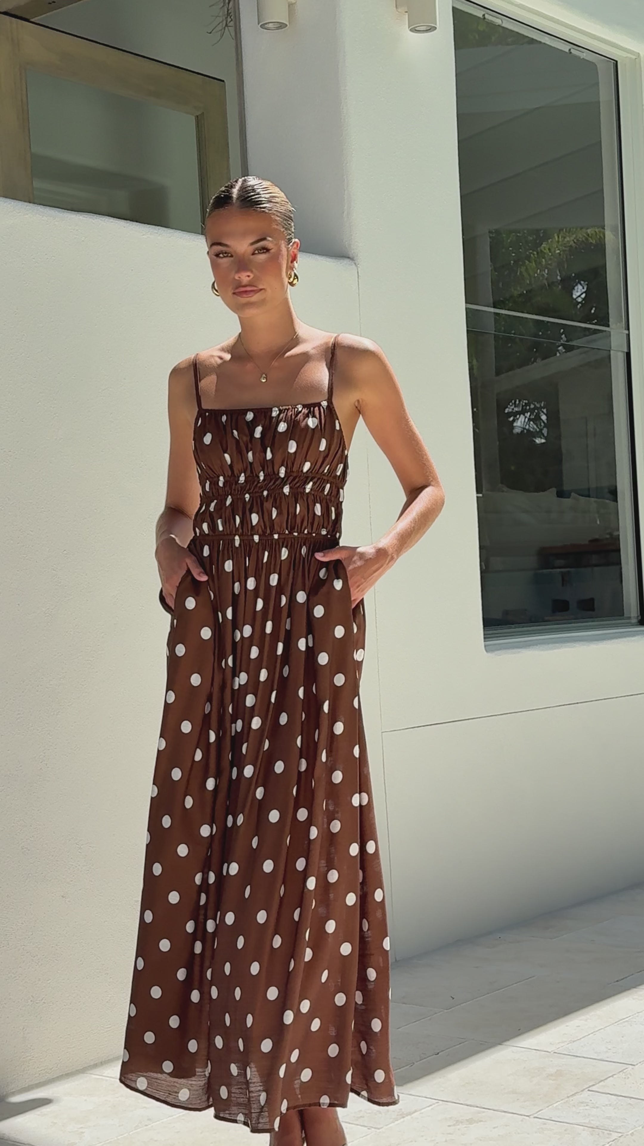 Load video: Balina Maxi Dress - Chocolate Polka - Billy J