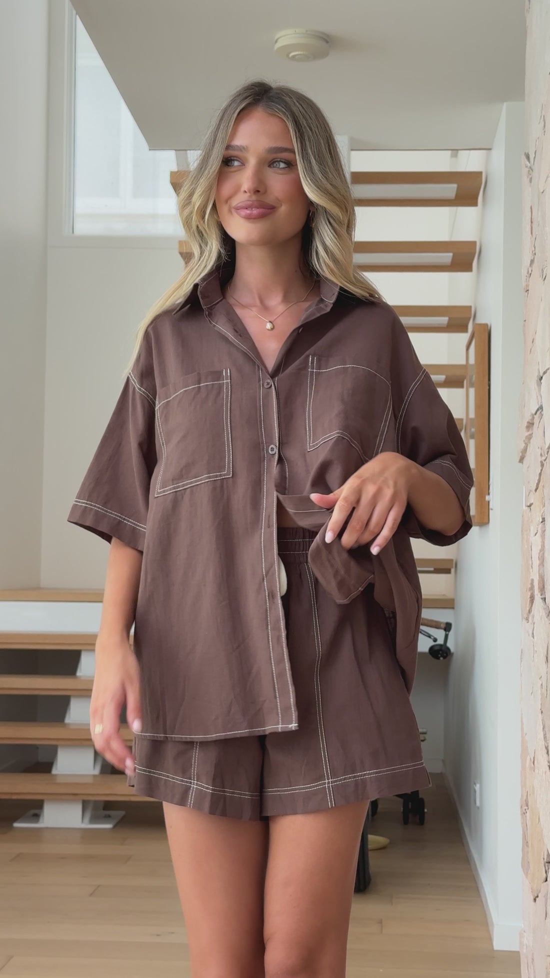 Sarafina Button Up Shirt and Shorts Set - Chocolate - Billy J