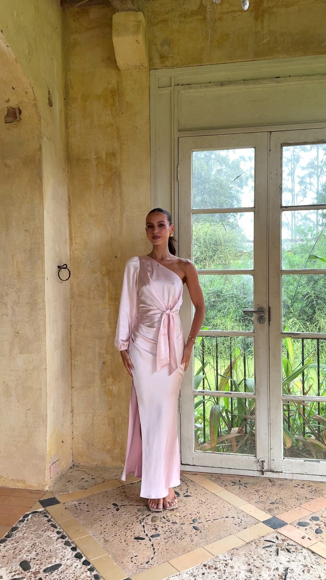 Eden One Shoulder Tie Front Maxi Dress - Pink - Billy J