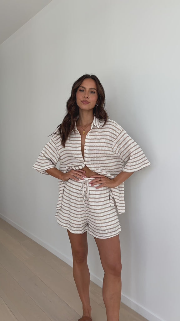 Lacole Button Up Shirt and Shorts Set - White / Beige Stripe - Billy J