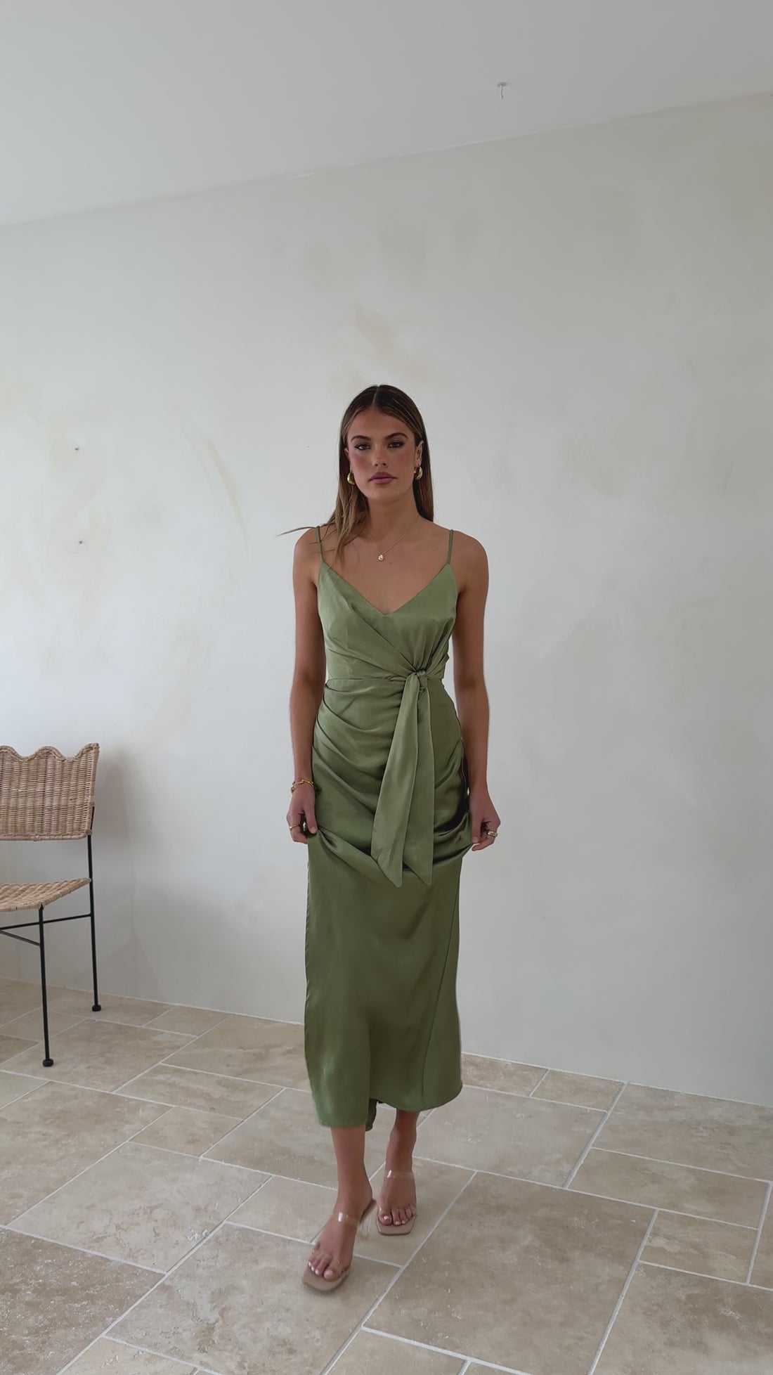 Yasmeen Tie Front Maxi Dress - Olive - Billy J