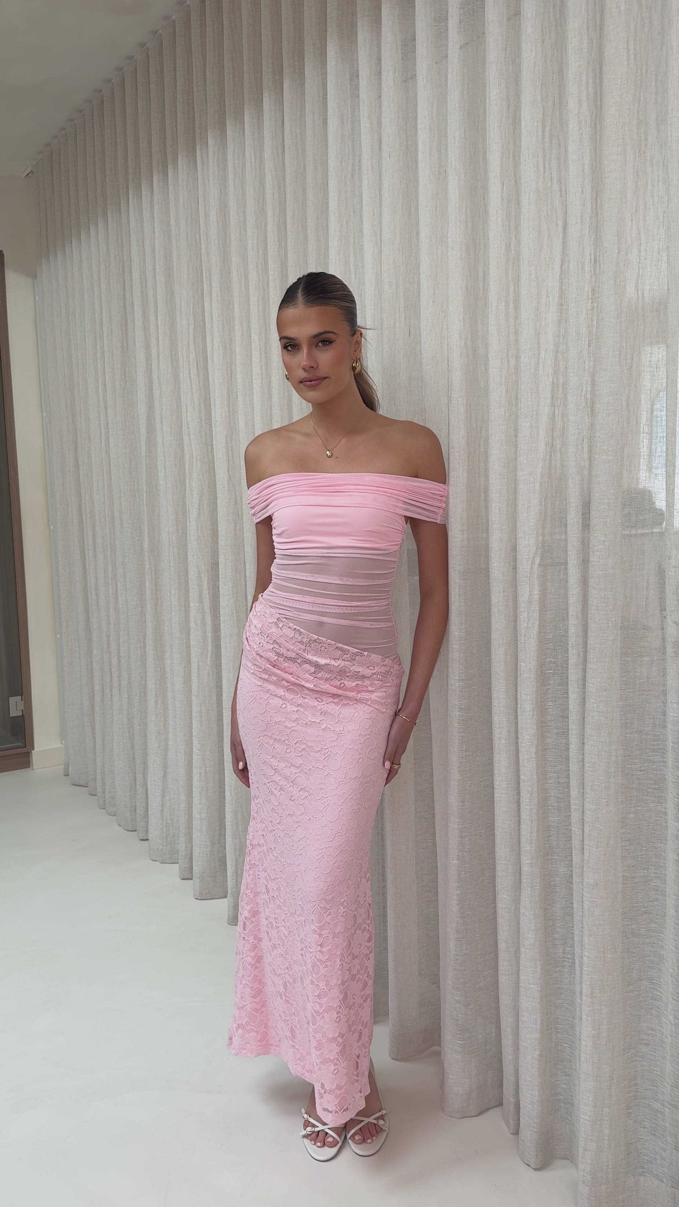 Load video: Tiarna Off The Shoulder Maxi Dress - Pink - Billy J