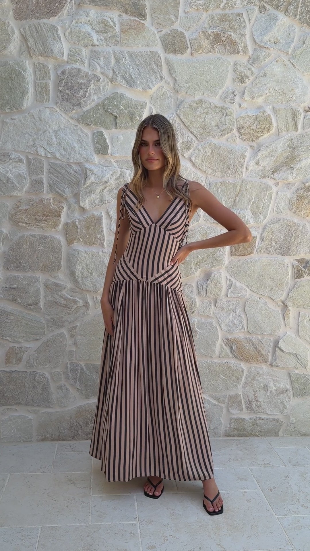 Load video: Zoriah Maxi Dress - Black/Beige Stripe - Billy J
