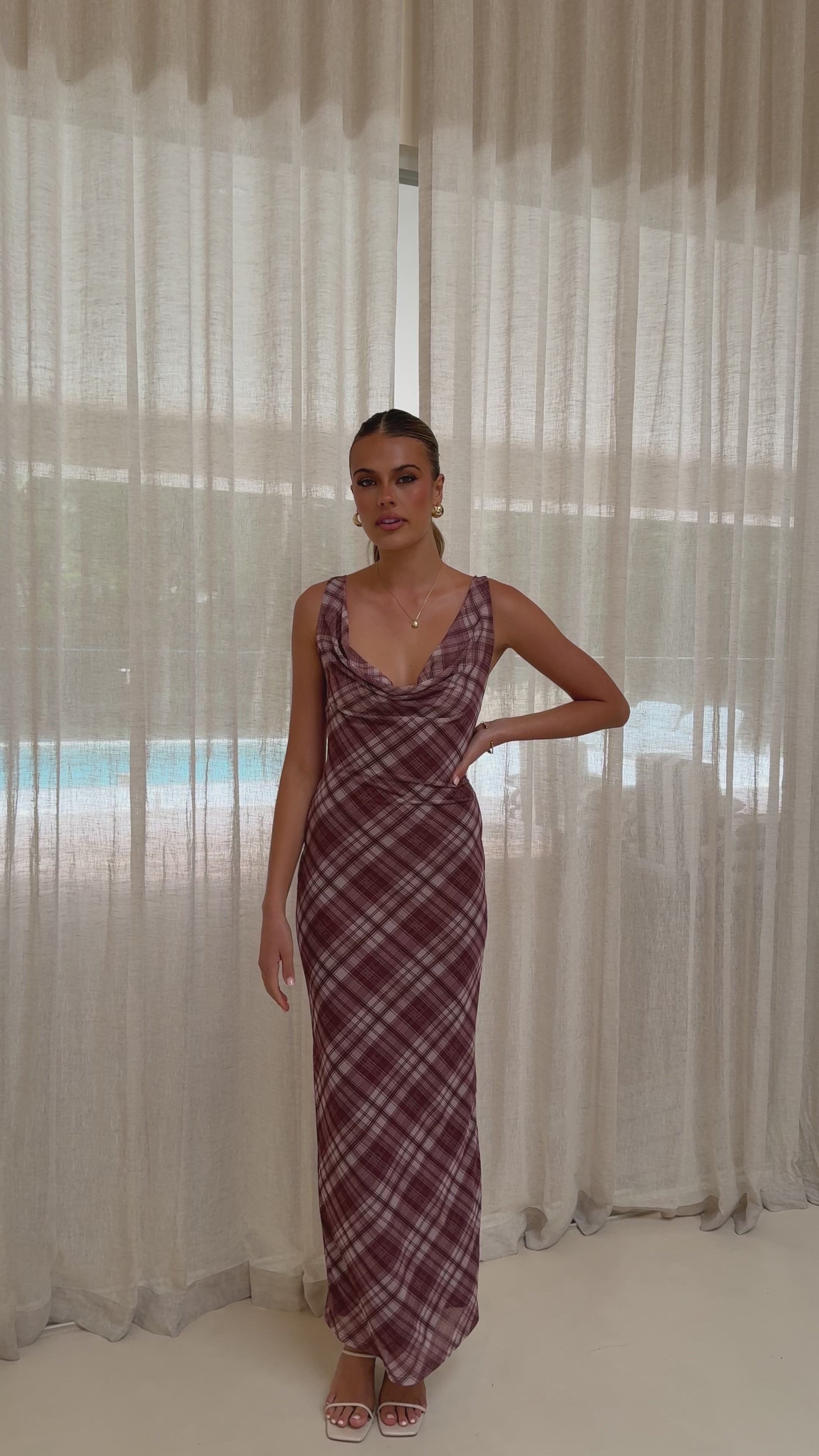 Load video: Harena Off Shoulder Maxi Dress - Brown Plaid Print - Billy J