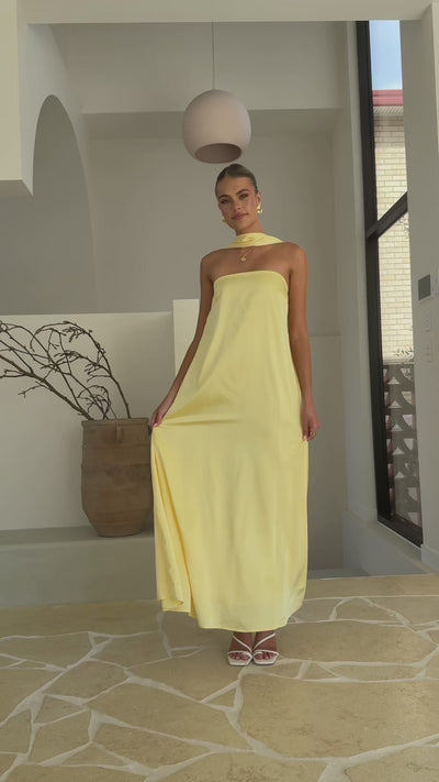 Load and play video in Gallery viewer, Caitie Strapless Scarf Maxi Dress - Yellow - Billy J
