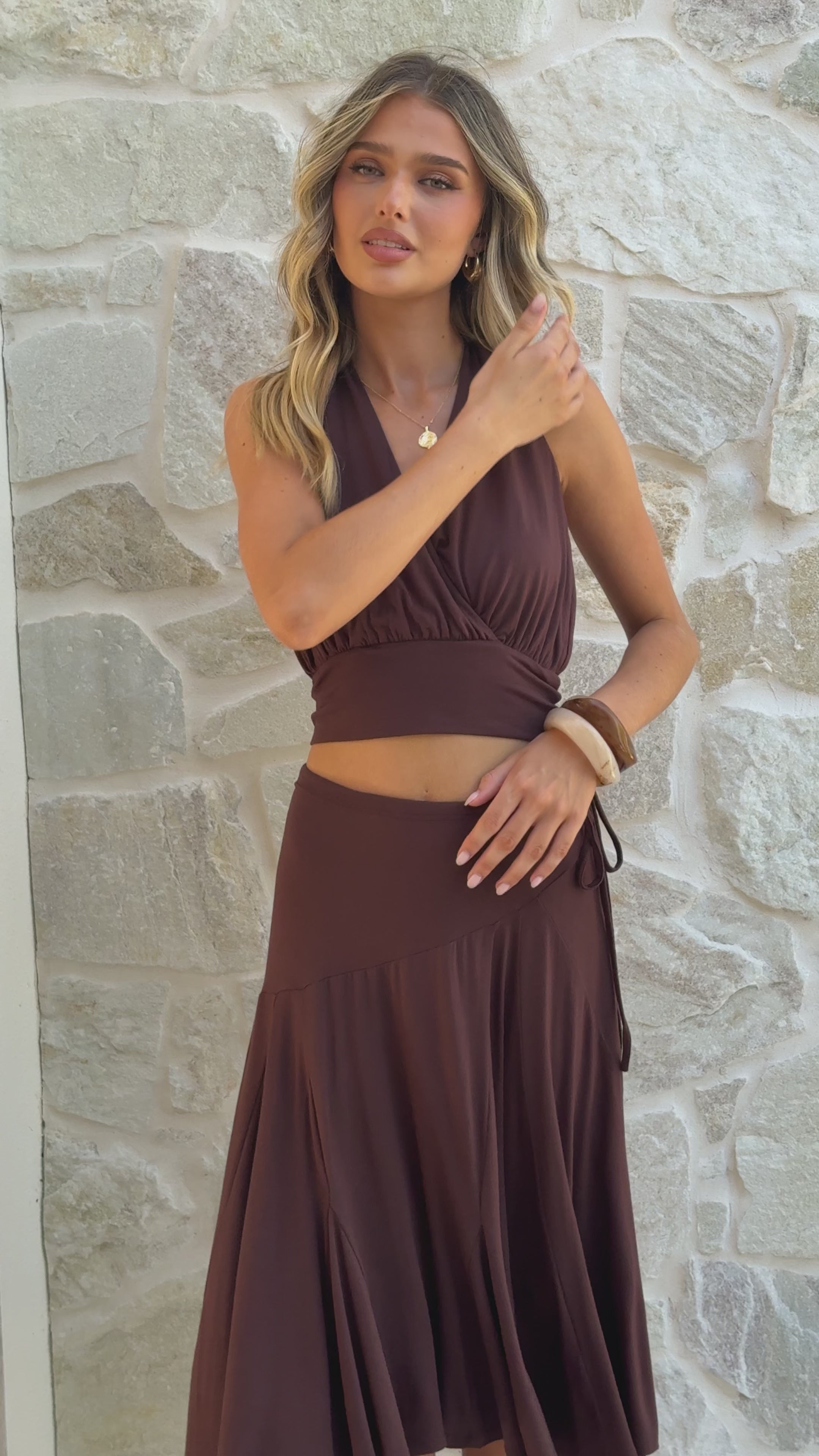 Load video: Taylin Halter Neck Top - Brown - Billy J