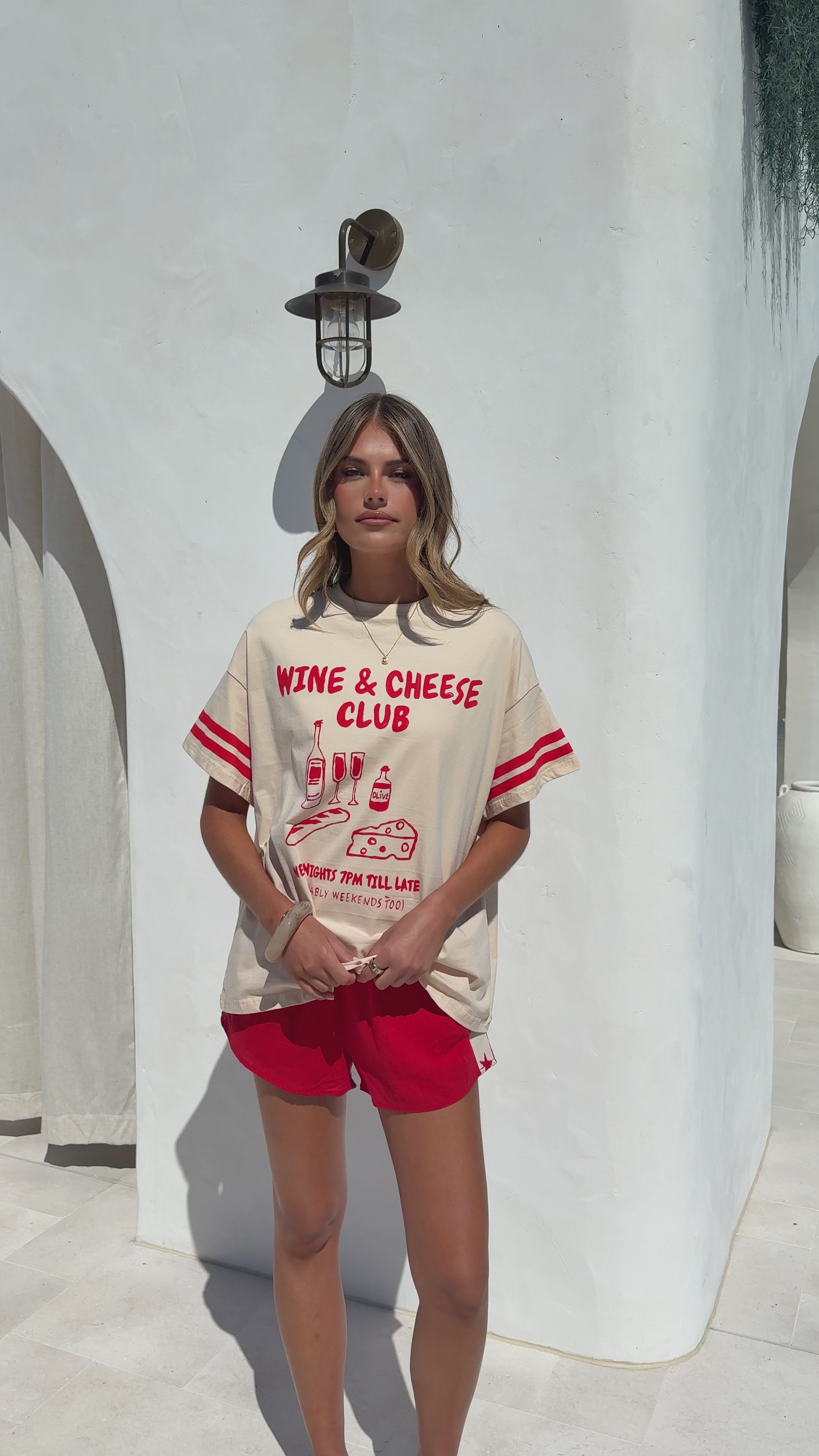Load video: Wine and Cheese Club T-shirt and Shorts Set - Red / Beige - Billy J