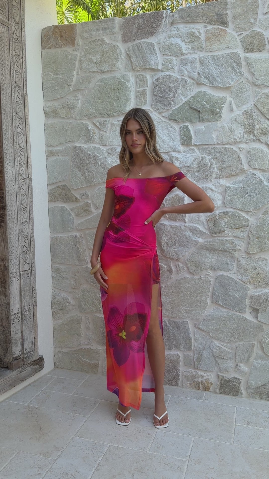 Verne Off Shoulder Maxi Dress - Pink Floral - Billy J