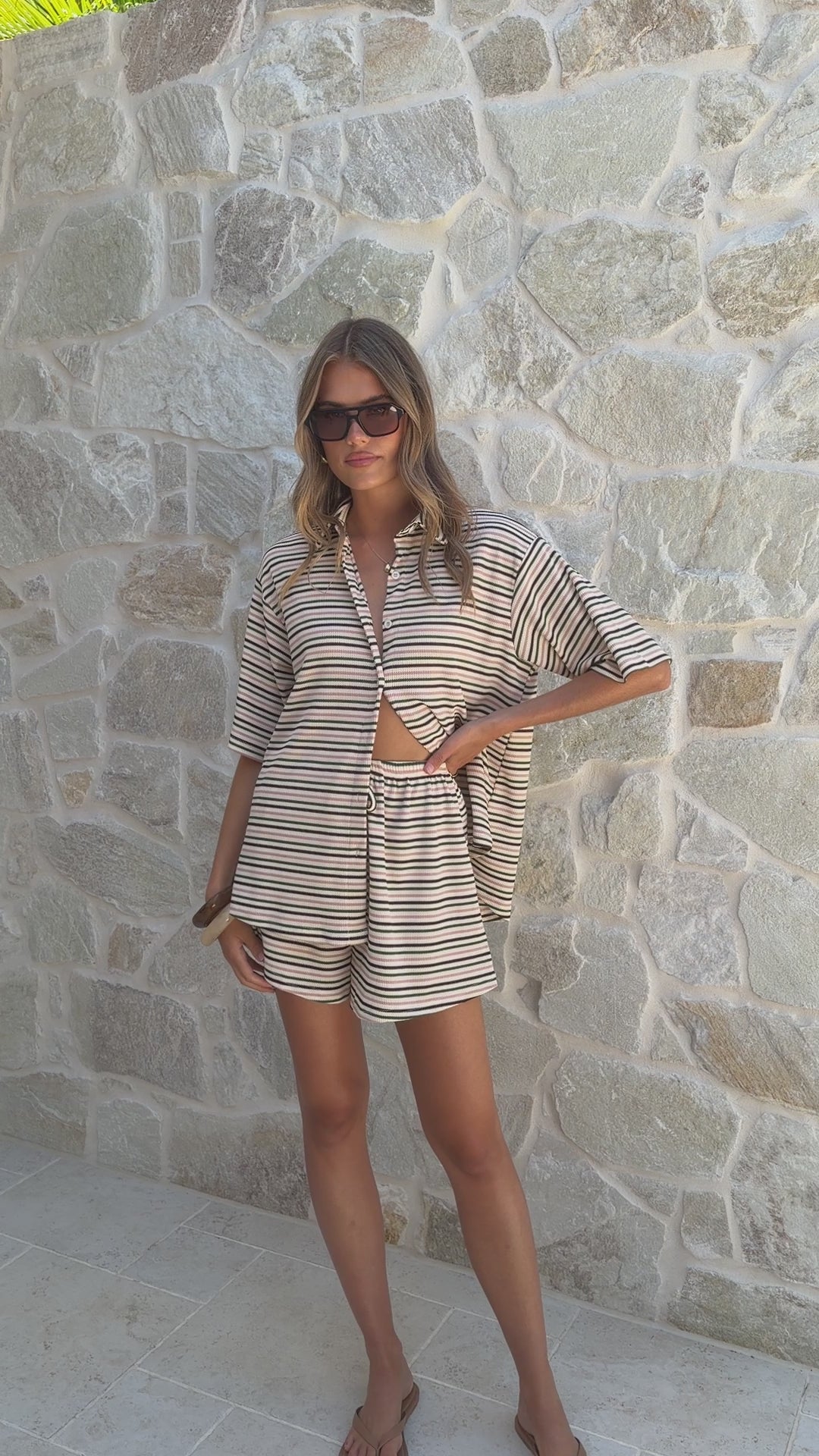 Load video: Tali Button Up Shirt and Shorts Set - Beige/Green Stripe - Billy J