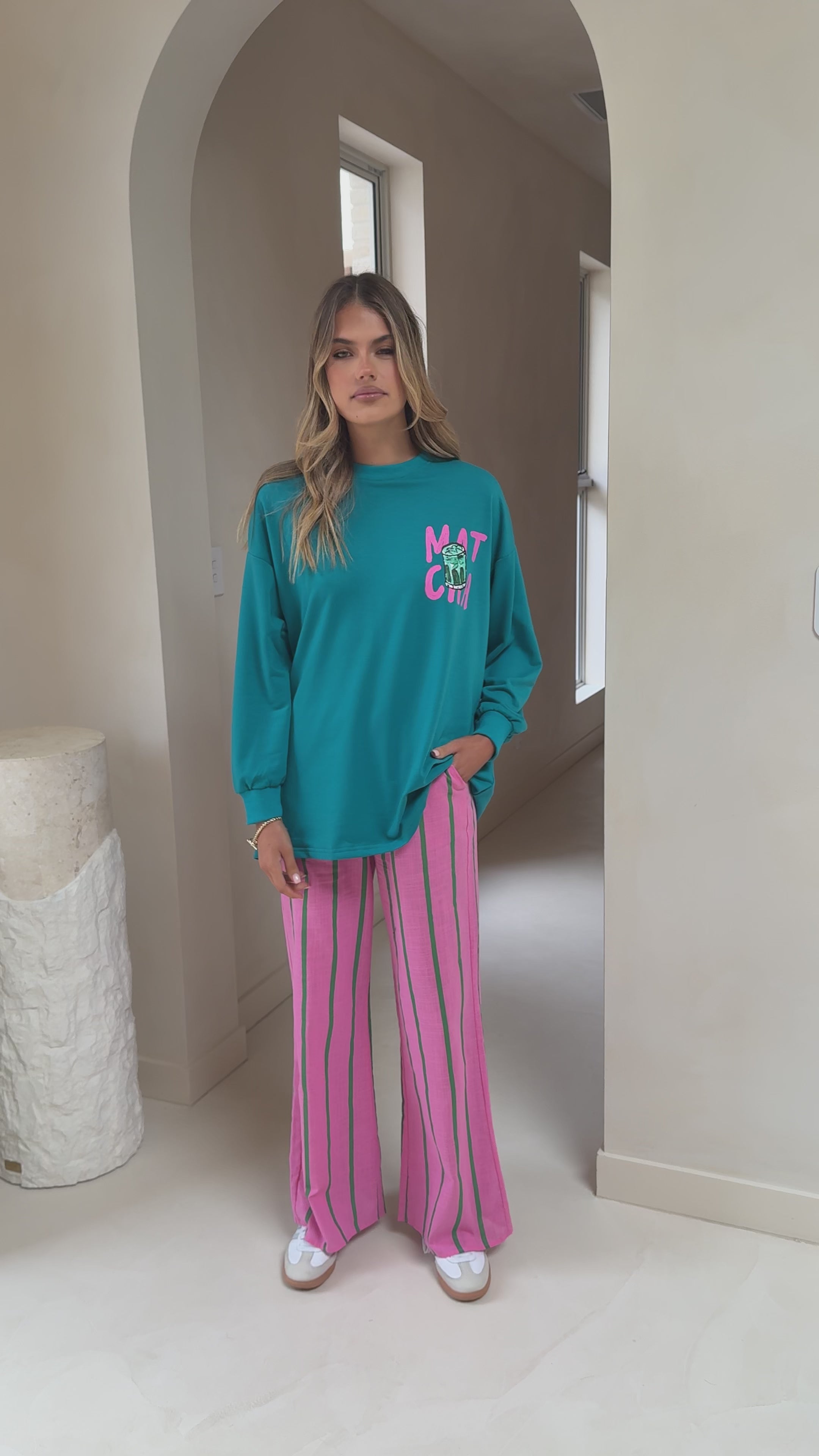 Load video: Matcha Long Sleeve Top and Pants Set - Teal / Pink - Billy J
