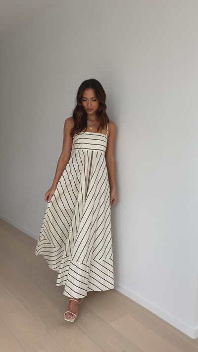 Load and play video in Gallery viewer, Kaethe Maxi Dress - Beige / Camel Stripe - Billy J
