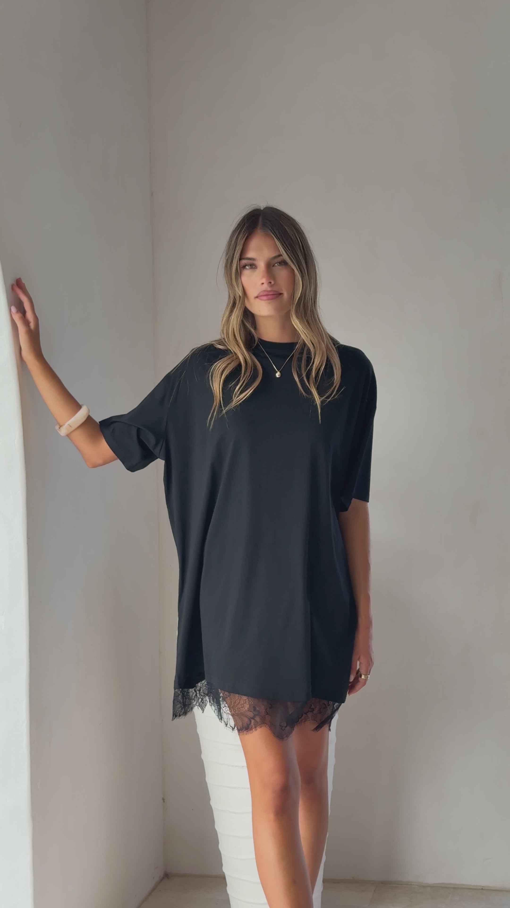 Load video: Saya T Shirt Lace Mini Dress - Black - Billy J