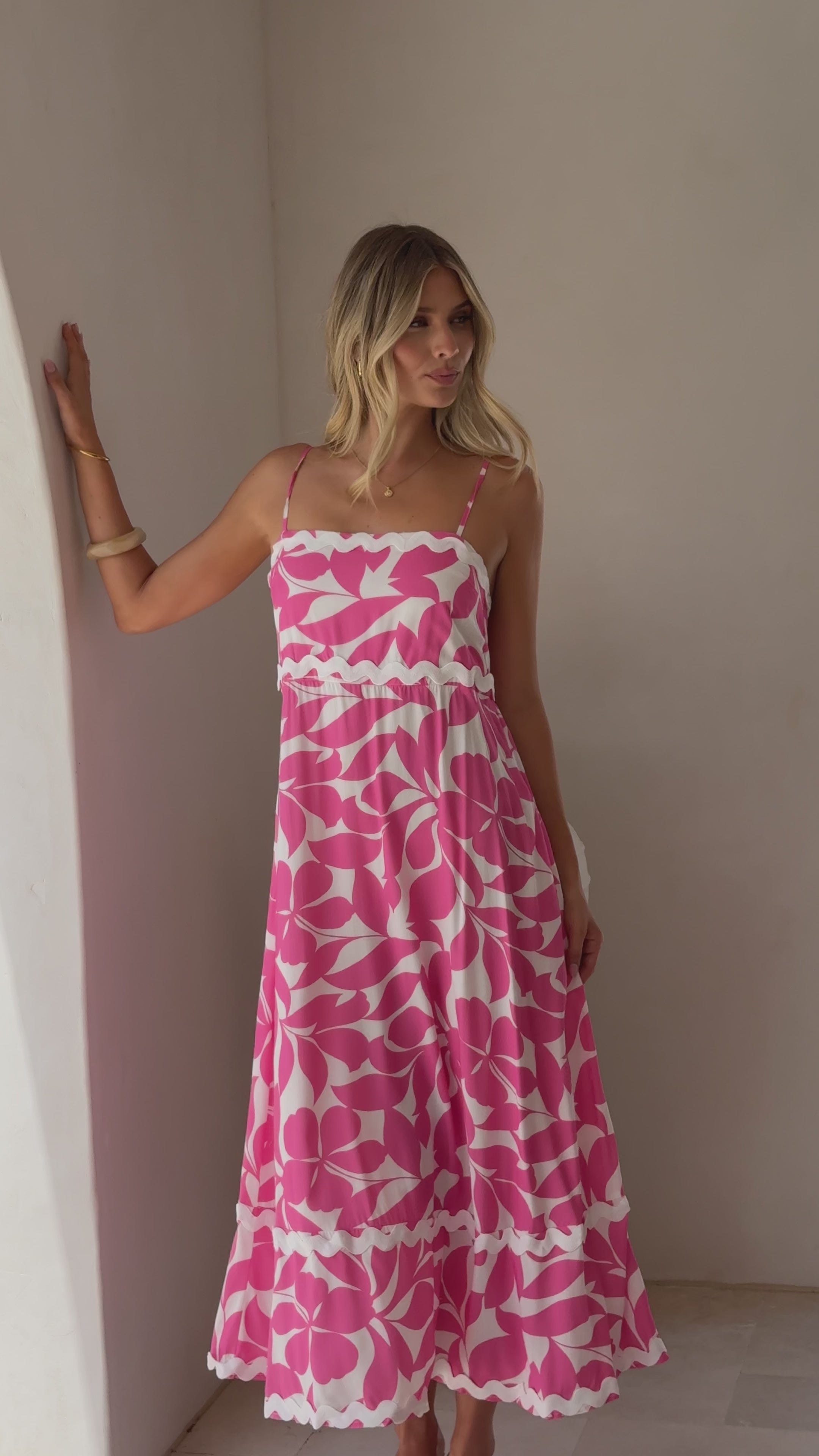 Load video: Seraphina Maxi Dress - Fuchsia/White Print - Billy J