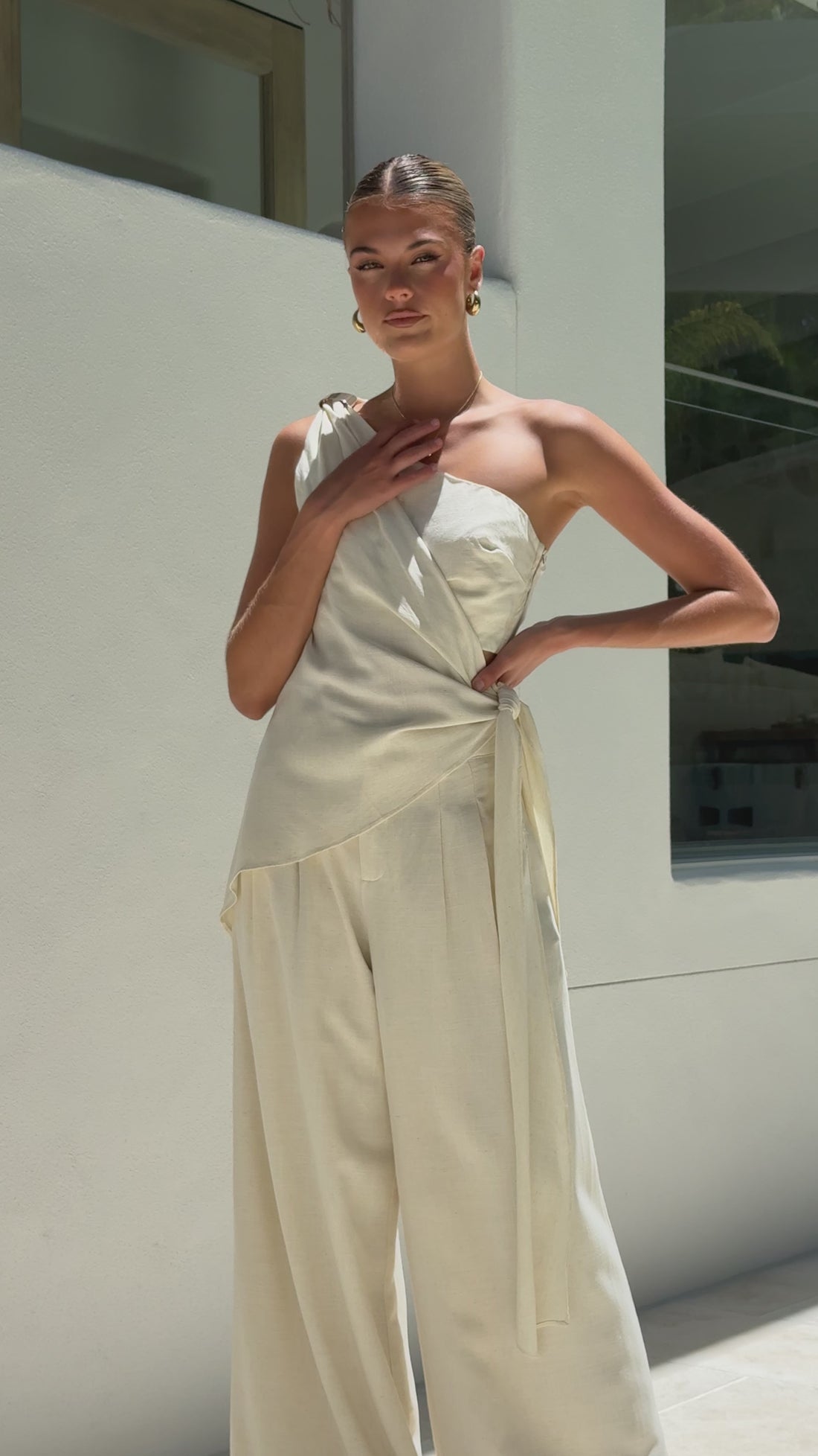 Leela One Shoulder Top and Pants Set - Beige - Billy J