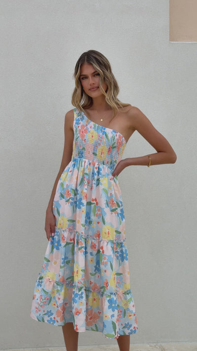 Load and play video in Gallery viewer, Tatum One Shoulder Maxi Dress - Blue Summer - Billy J
