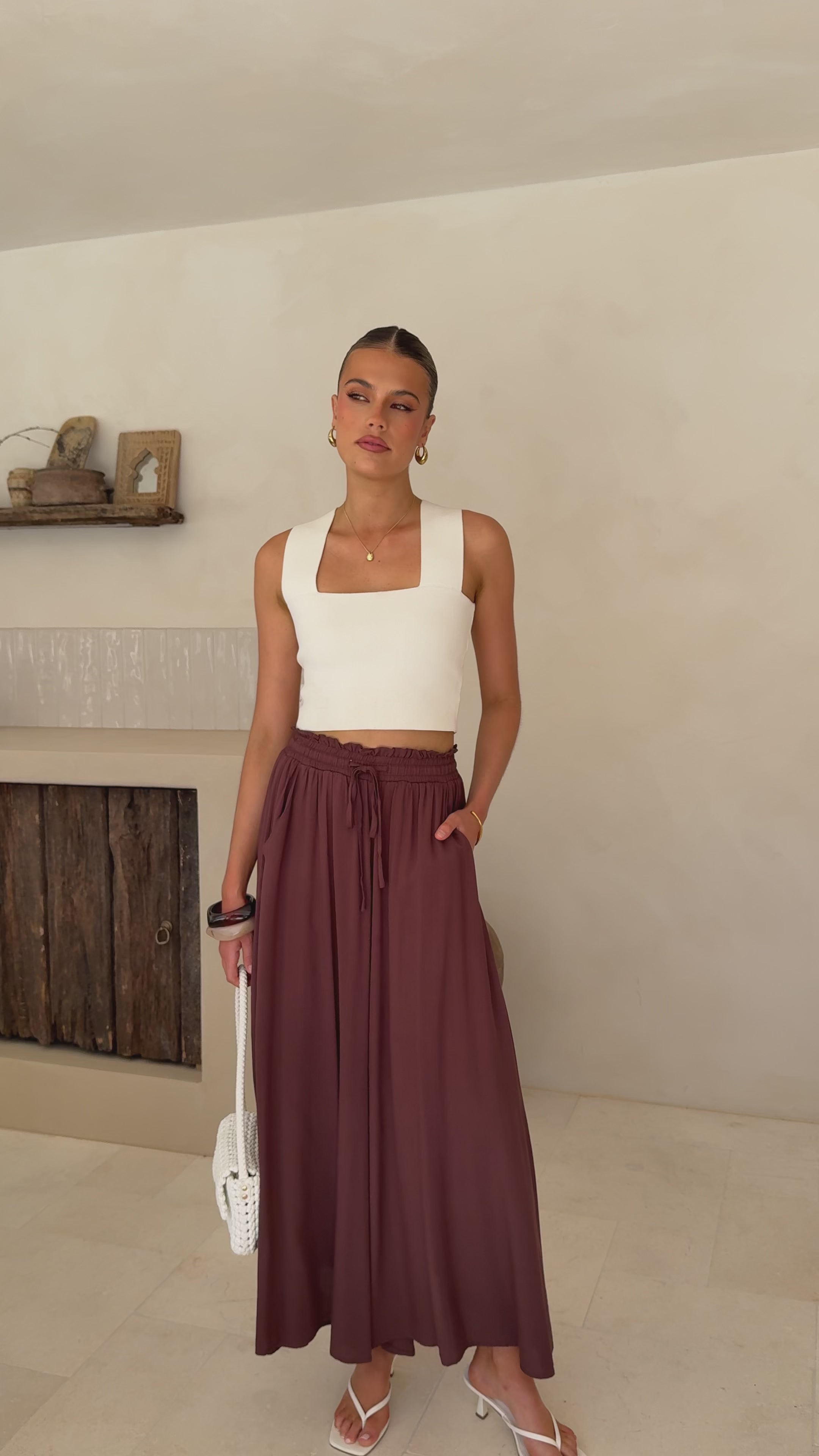 Load video: Aria Wide Leg Pants - Chocolate - Billy J