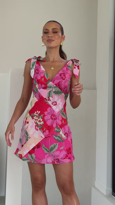 Load and play video in Gallery viewer, Delilah Mini Dress - Pink Floral Print - Billy J
