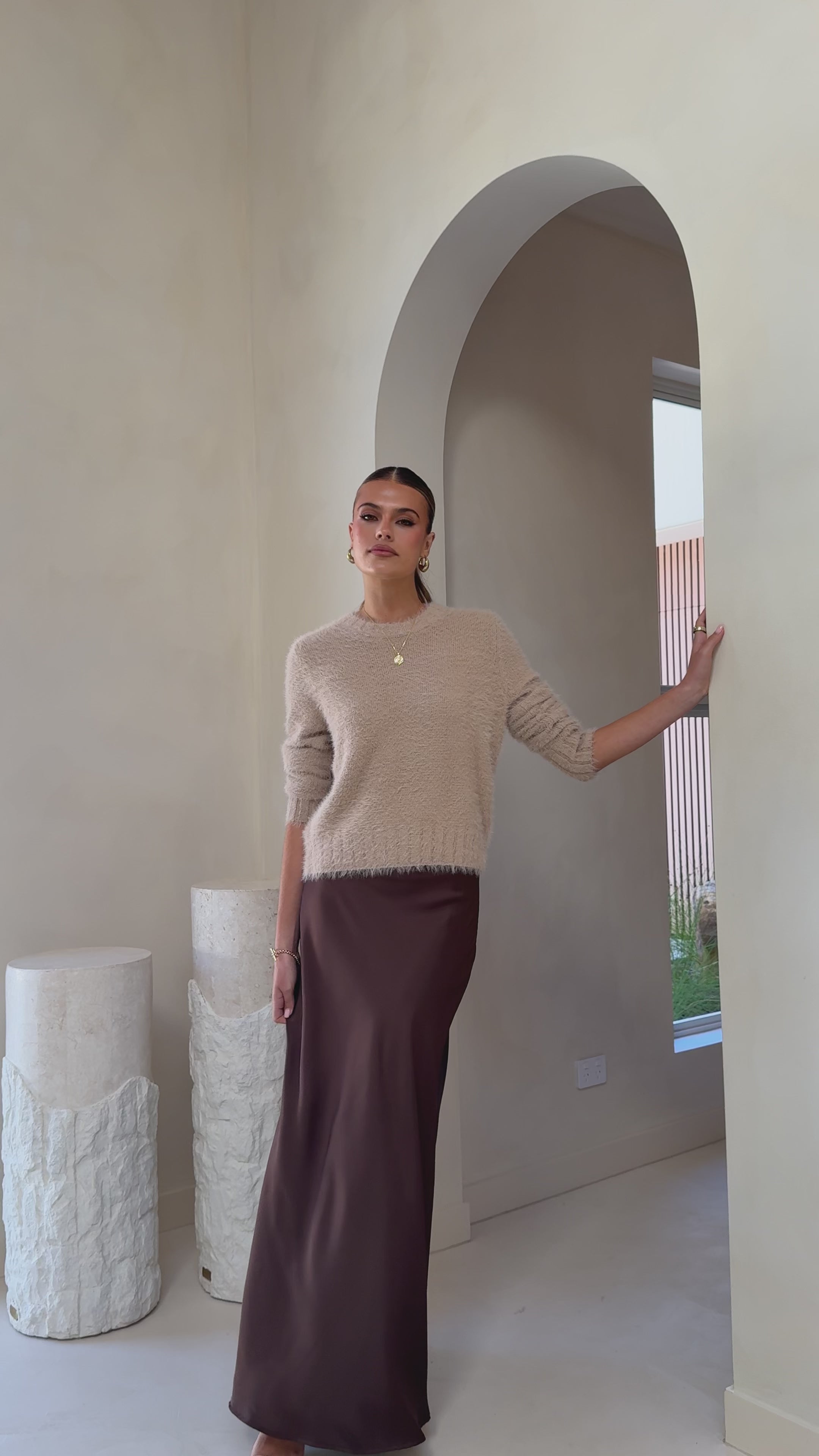 Load video: Darina Bias Cut Maxi Skirt - Chocolate - Billy J