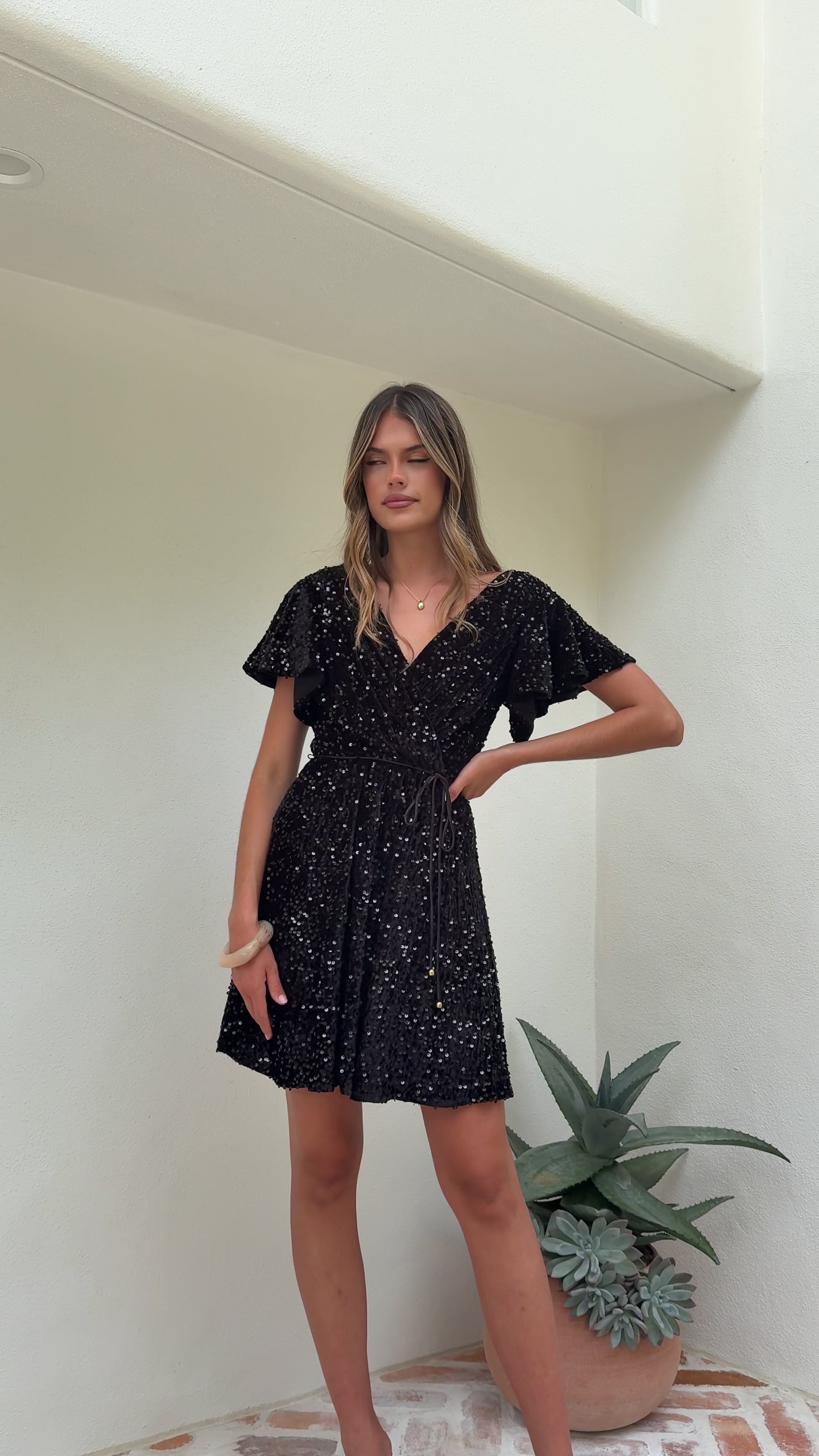 Load video: Zinnia Sequins Mini Dress - Black Sequins - Billy J