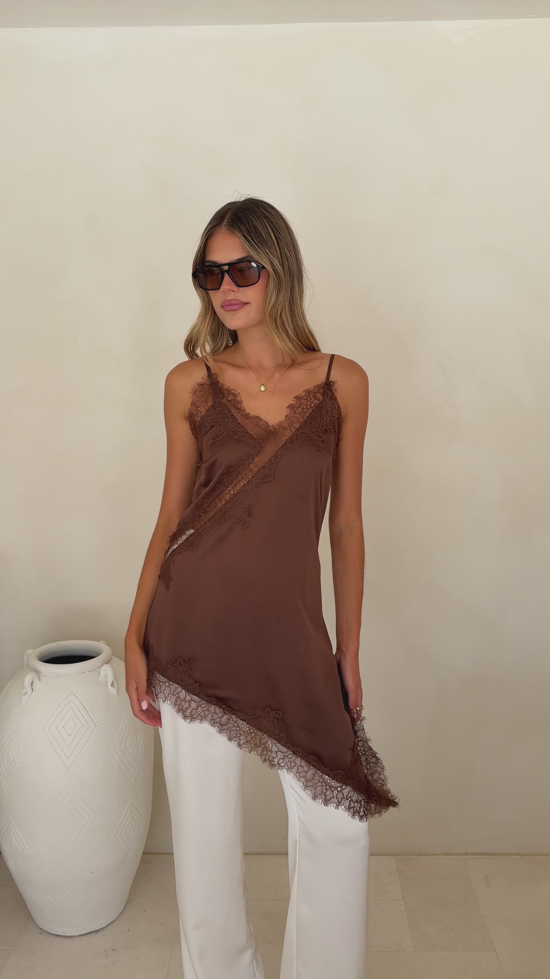Load video: Sayuri Satin Lace Mini Tunic - Chocolate - Billy J