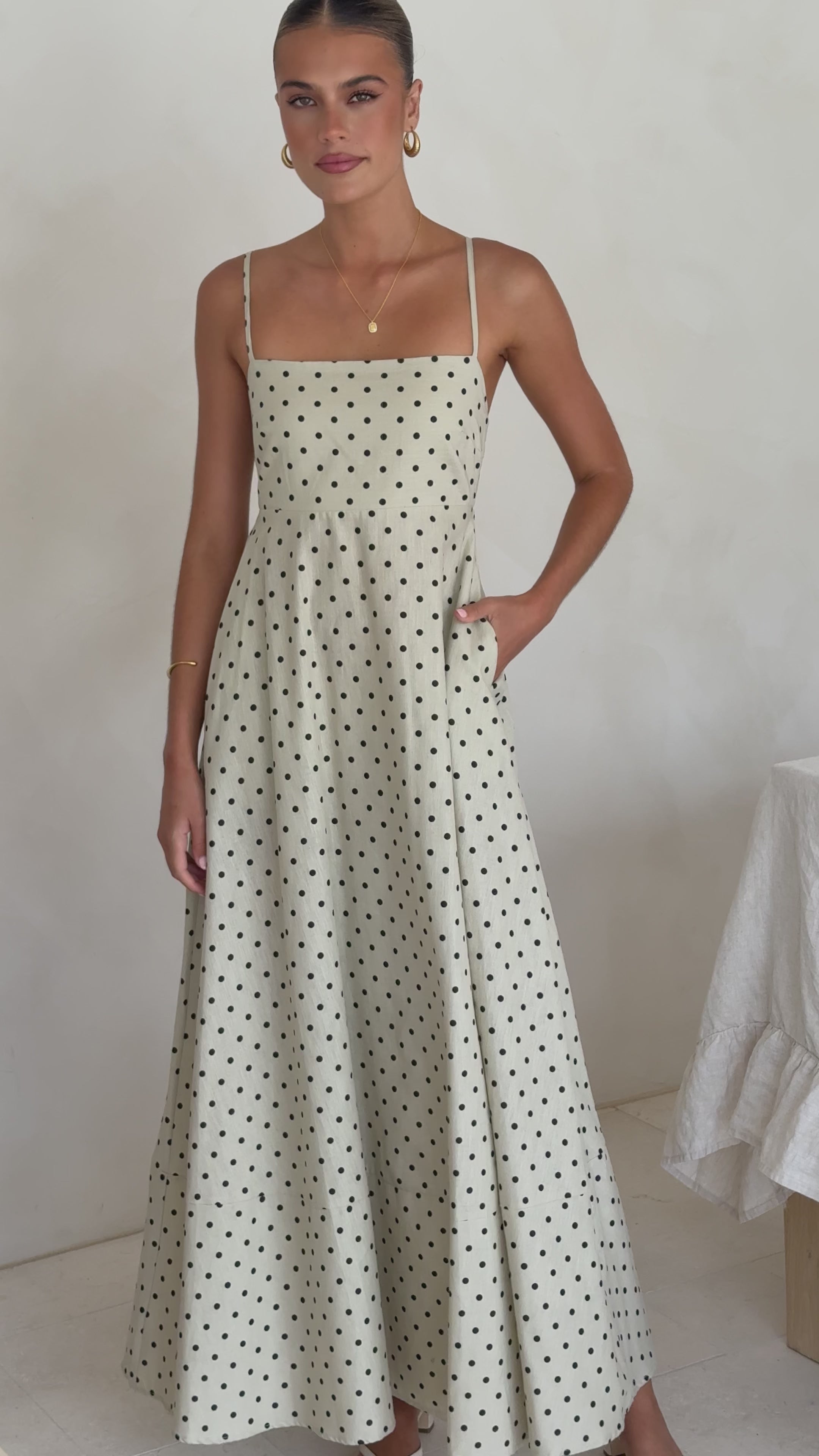 Load video: Nicole Spaghetti Strap Maxi Dress - Beige/Black Polka Dot - Billy J
