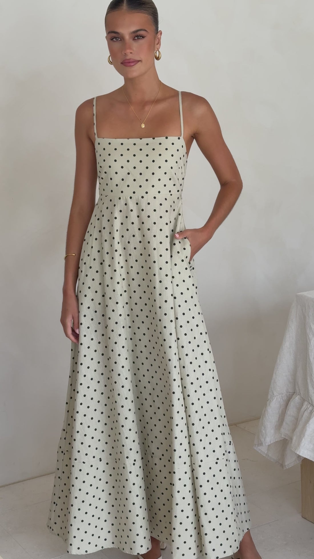 Nicole Spaghetti Strap Maxi Dress - Beige/Black Polka Dot - Billy J