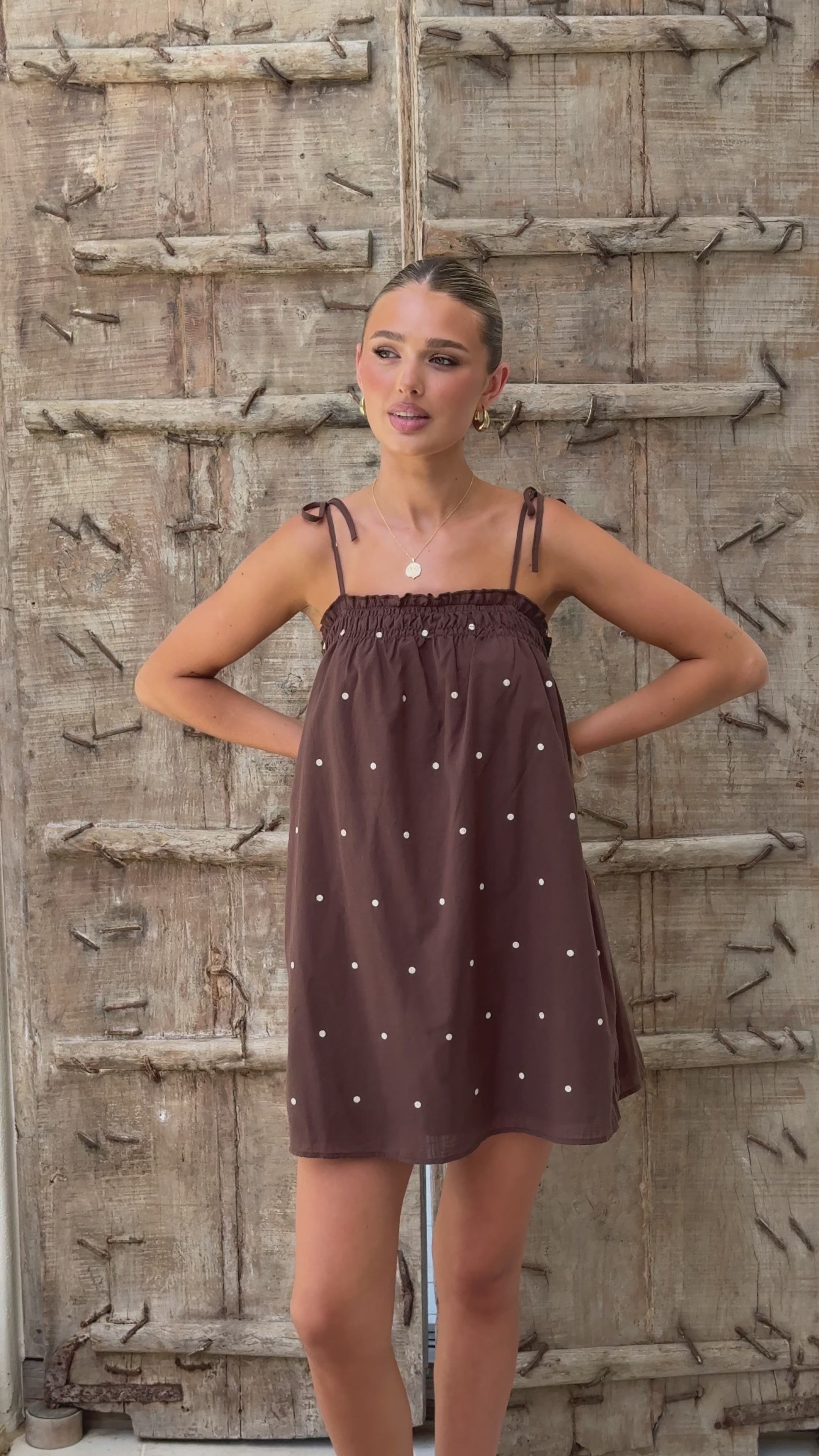 Load video: Sloane Mini Dress - Chocolate Polka - Billy J