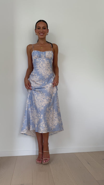 Load and play video in Gallery viewer, Margie Midi Dress - Blue / White Floral - Billy J
