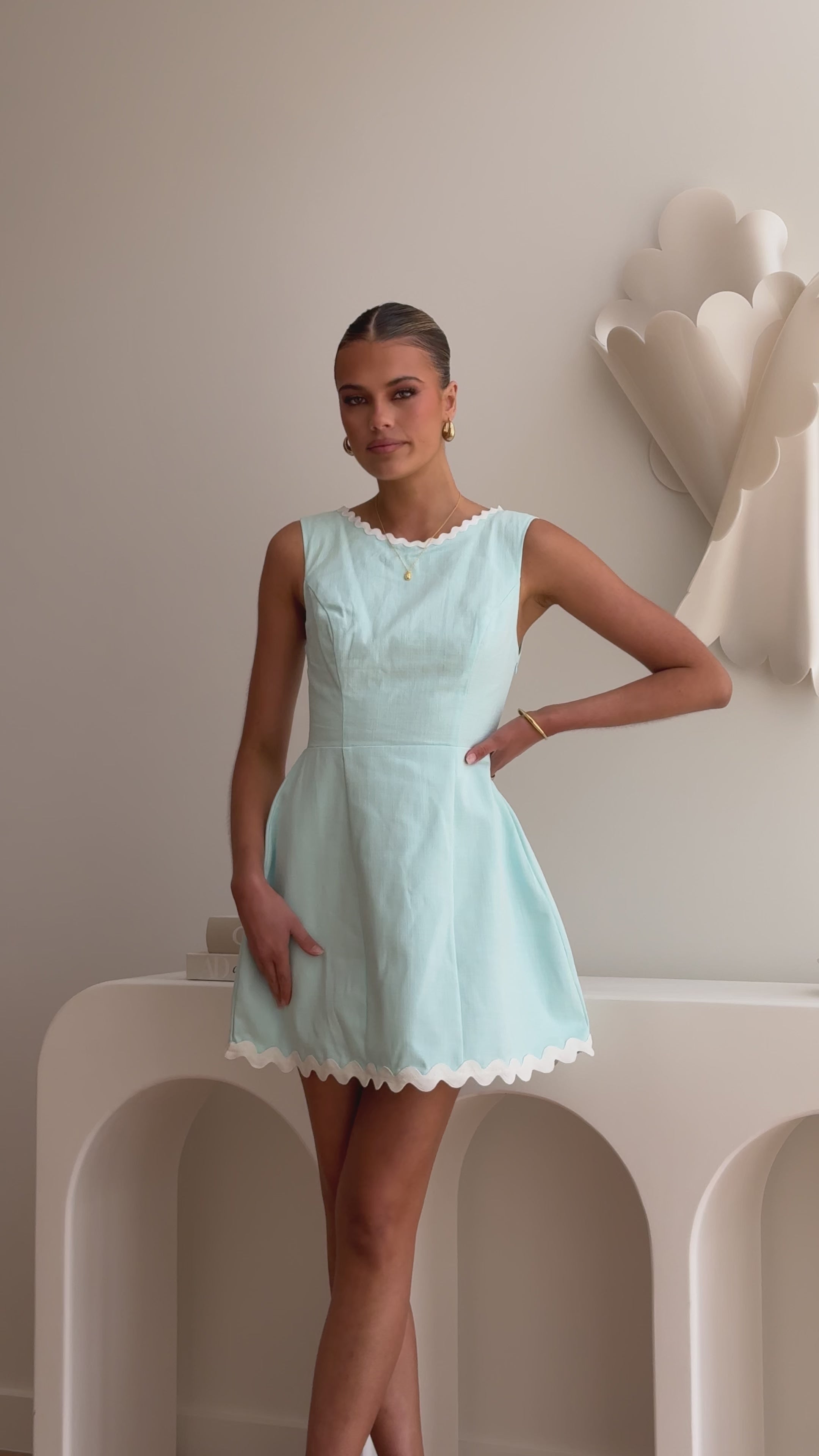 Load video: Aceline Mini Dress - Blue/White - Billy J