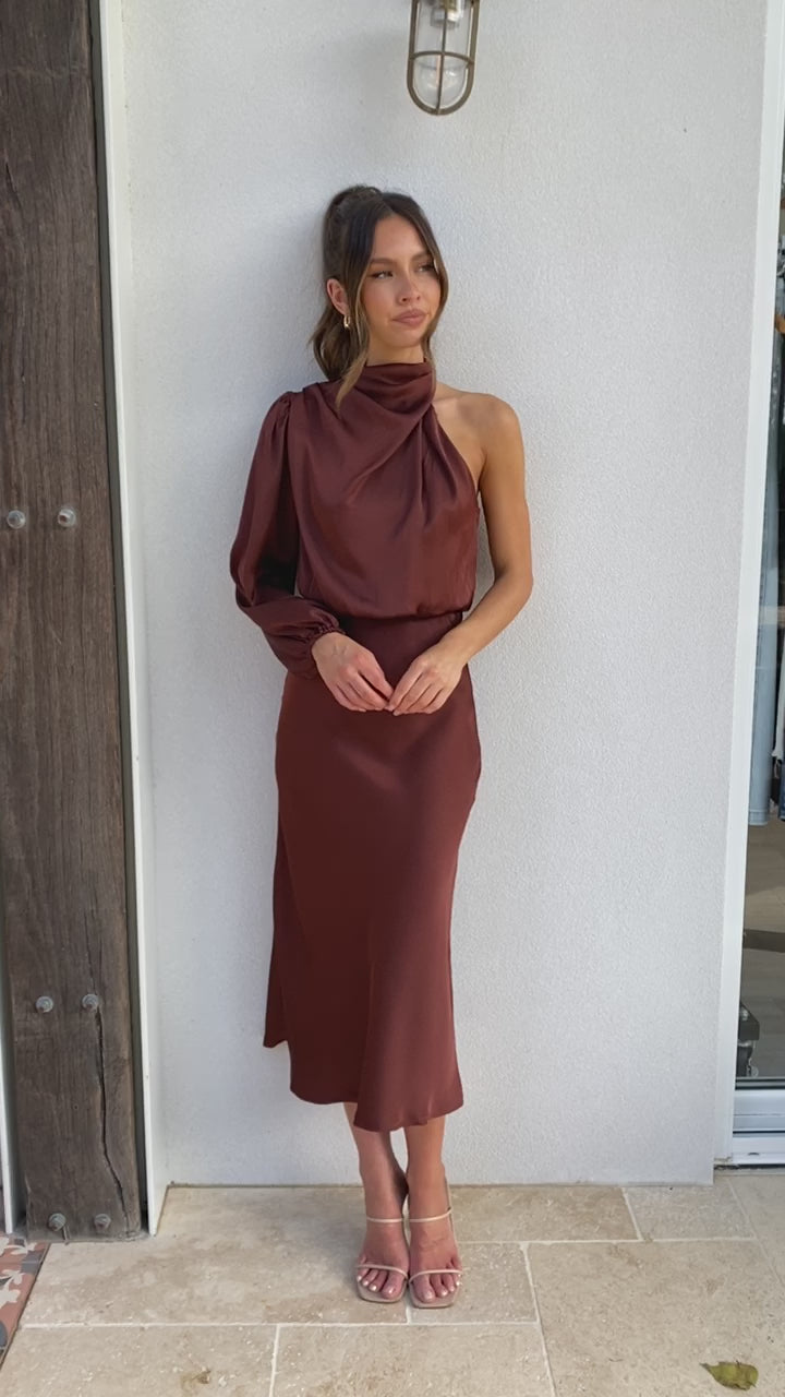 Esther One Shoulder Long Sleeve Dress - Brown - Billy J