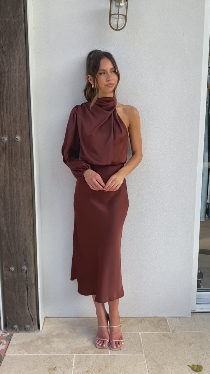Load video: Esther One Shoulder Long Sleeve Dress - Brown - Billy J
