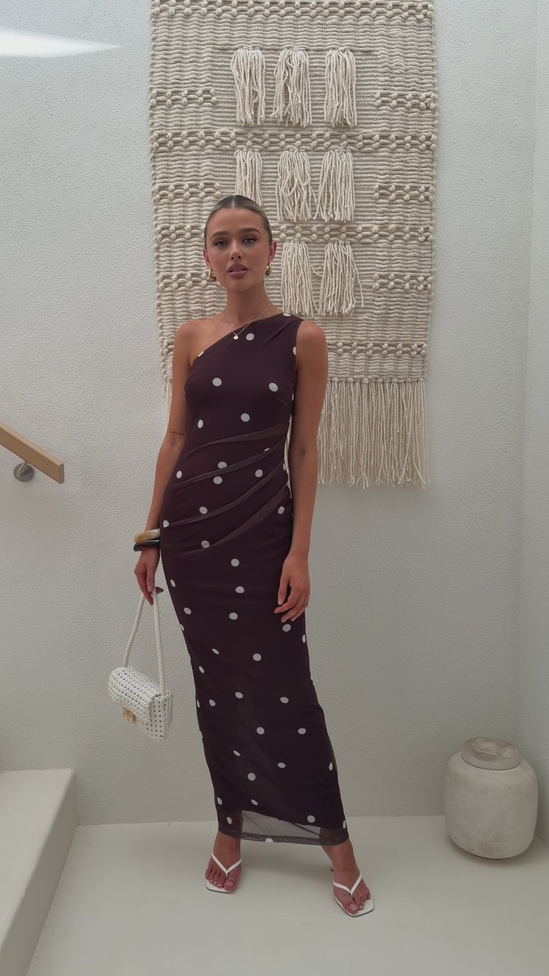 Load video: Cataleya Maxi Dress - Brown / White Polka Dot - Billy J