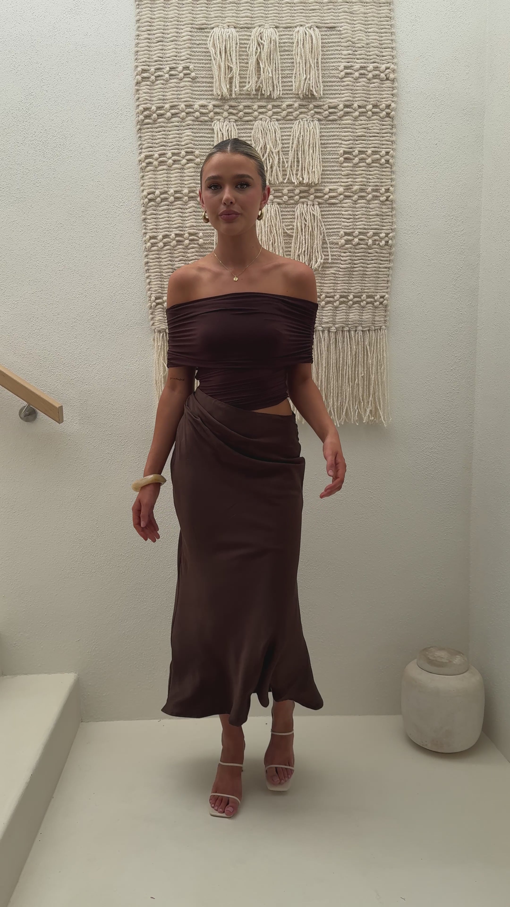 Load video: Daena Off Shoulder Maxi Dress - Chocolate - Billy J