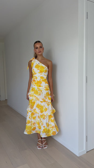 Load and play video in Gallery viewer, Odilie One Shoulder Maxi Dress - Yellow Floral - Billy J
