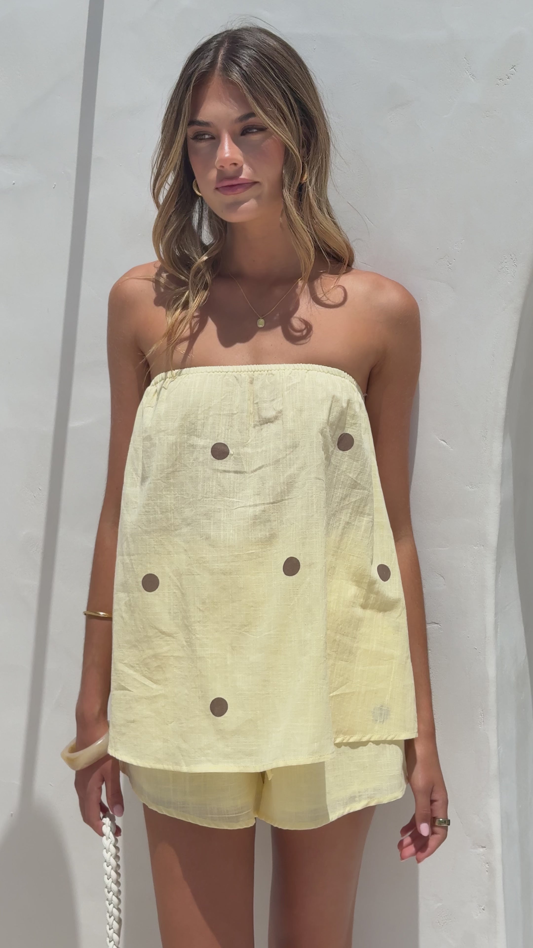 Load video: Calliope Strapless Top and Shorts Set - Yellow/Chocolate Polka - Billy J