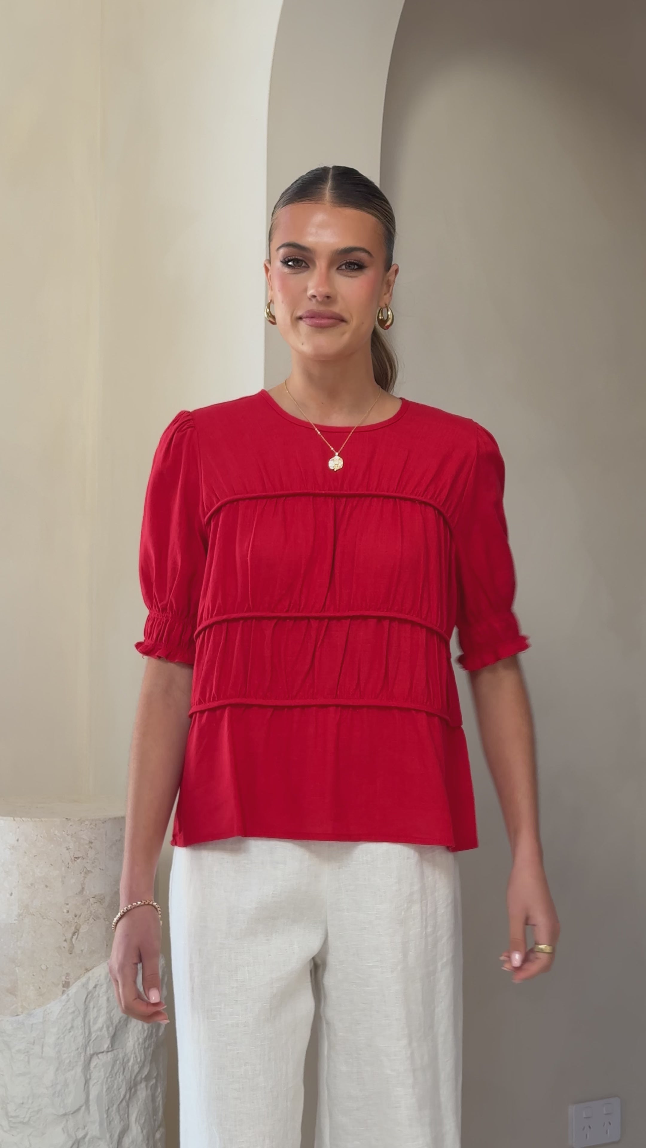 Load video: Kai Short Sleeve Top - Red - Billy J