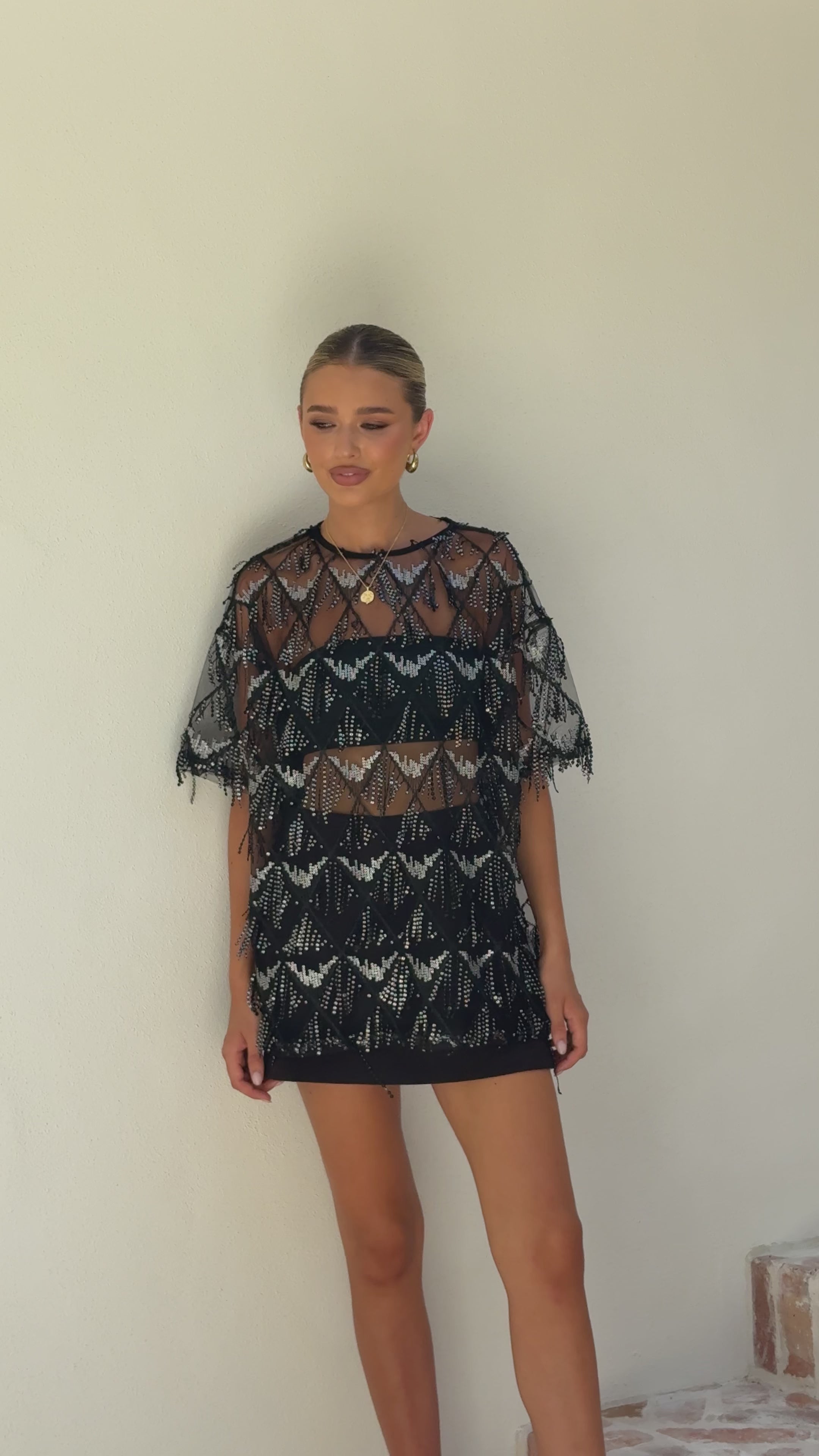Load video: Lira Sequin Tee - Black - Billy J