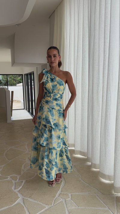 Load and play video in Gallery viewer, Odilie One Shoulder Maxi Dress - Yellow/Blue Floral - Billy J
