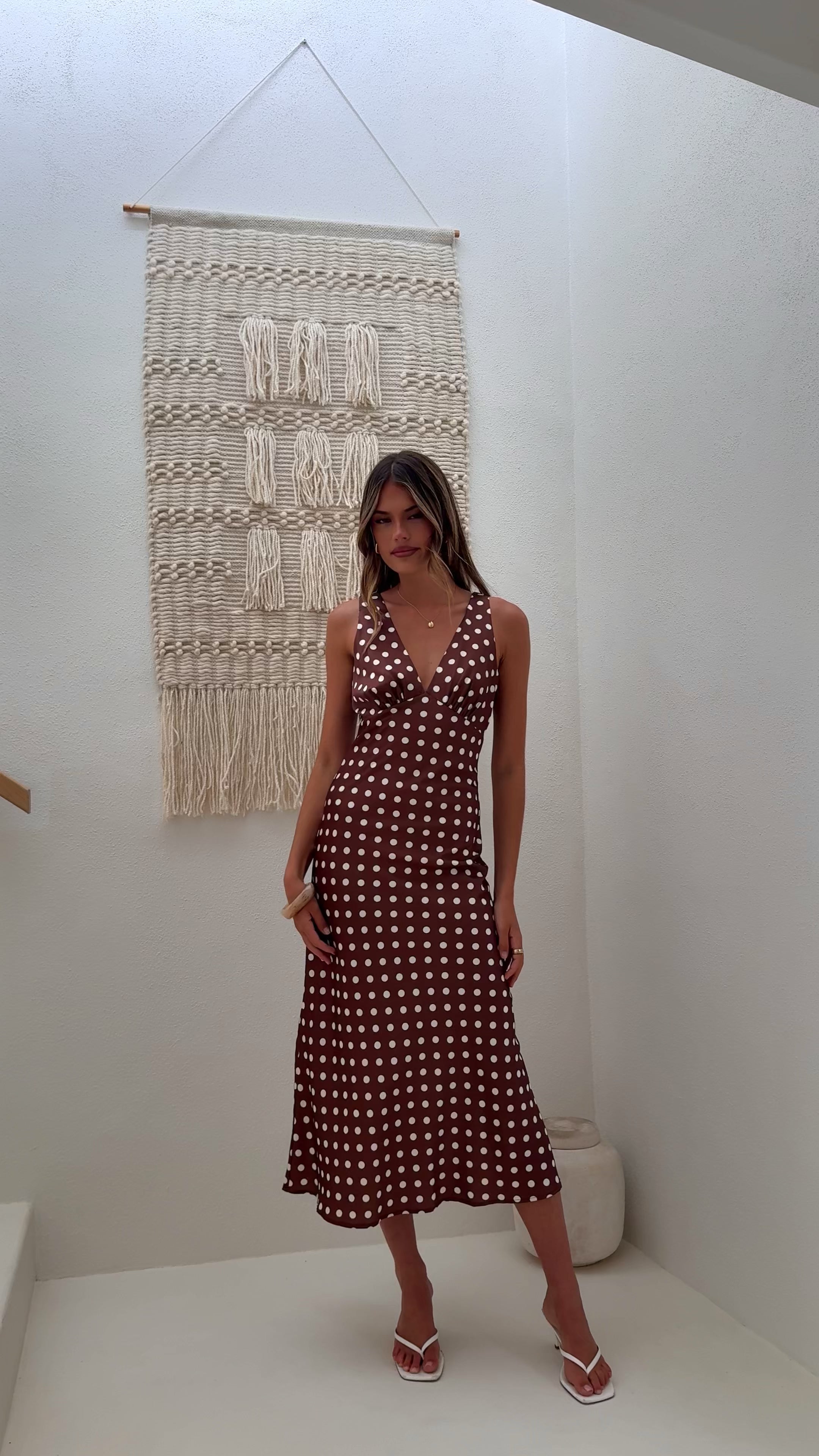 Load video: Daphne Maxi Dress - Brown Polka - Billy J