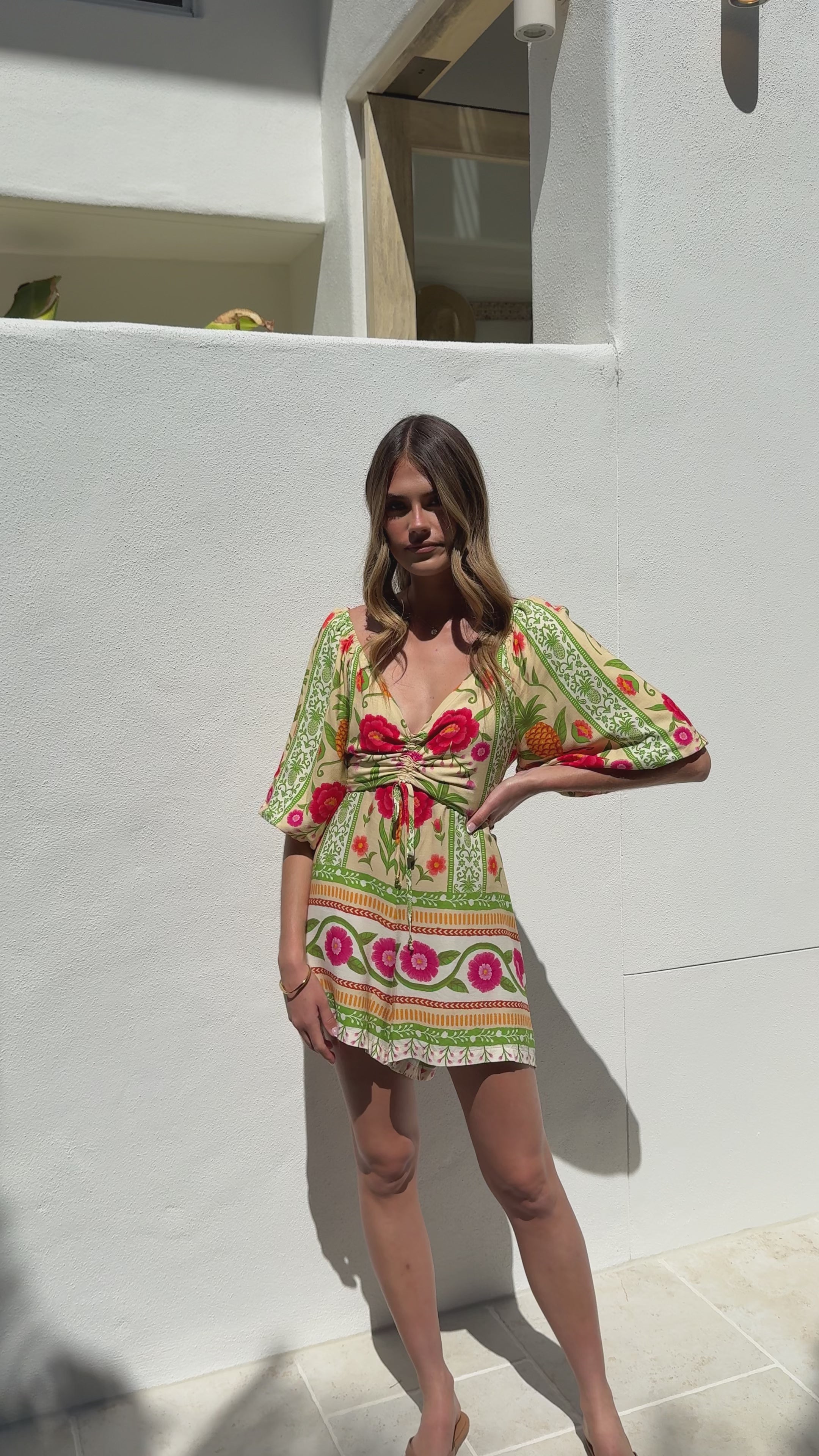 Load video: Janiya Puff Sleeve Playsuit - Sunkissed Print - Billy J