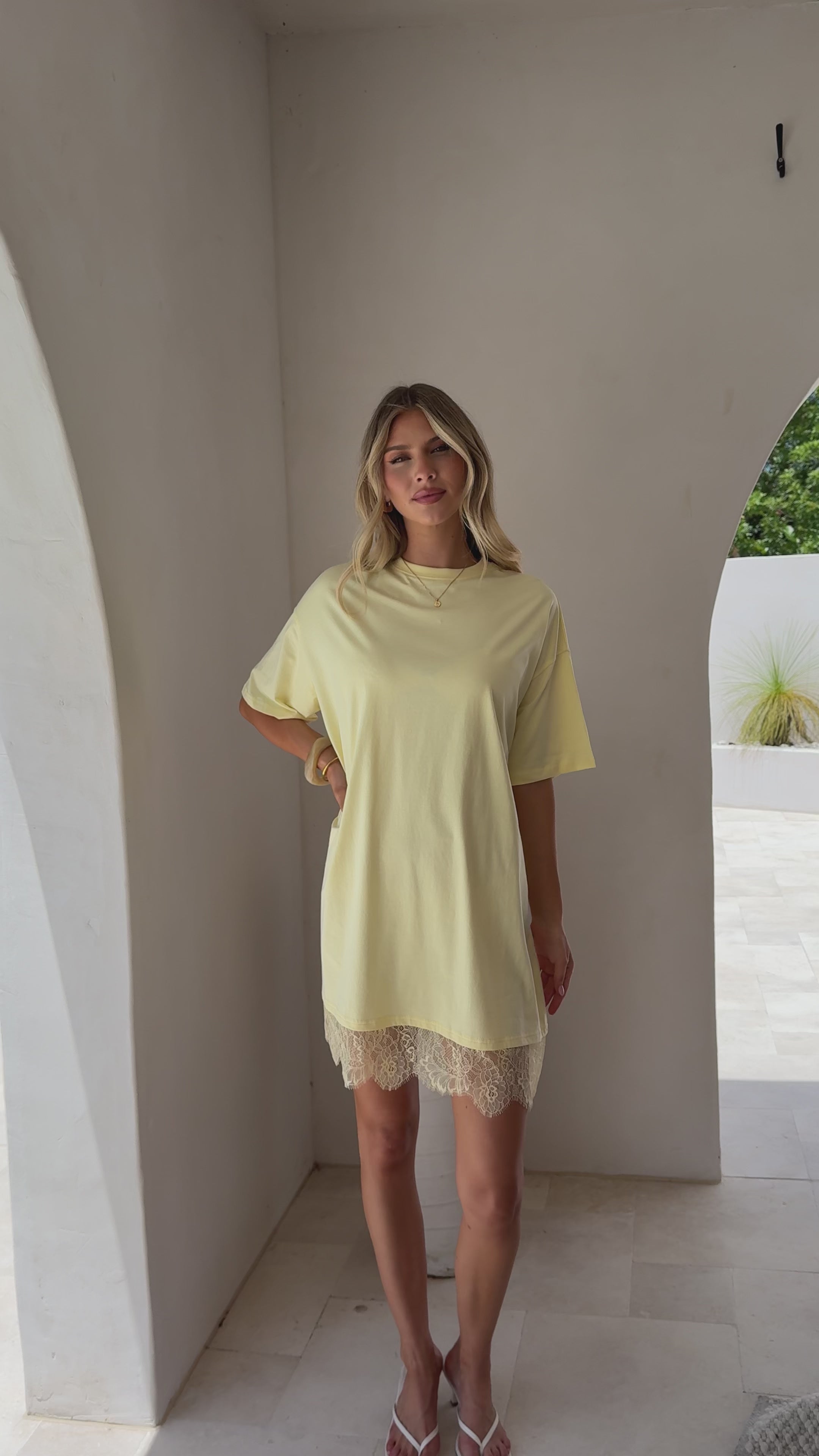 Load video: Saya T Shirt Lace Mini Dress - Yellow - Billy J