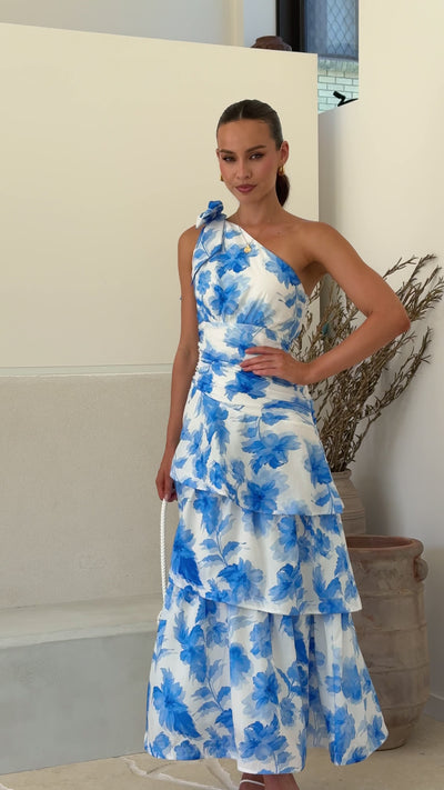 Load and play video in Gallery viewer, Odilie One Shoulder Maxi Dress - White/Blue Floral - Billy J
